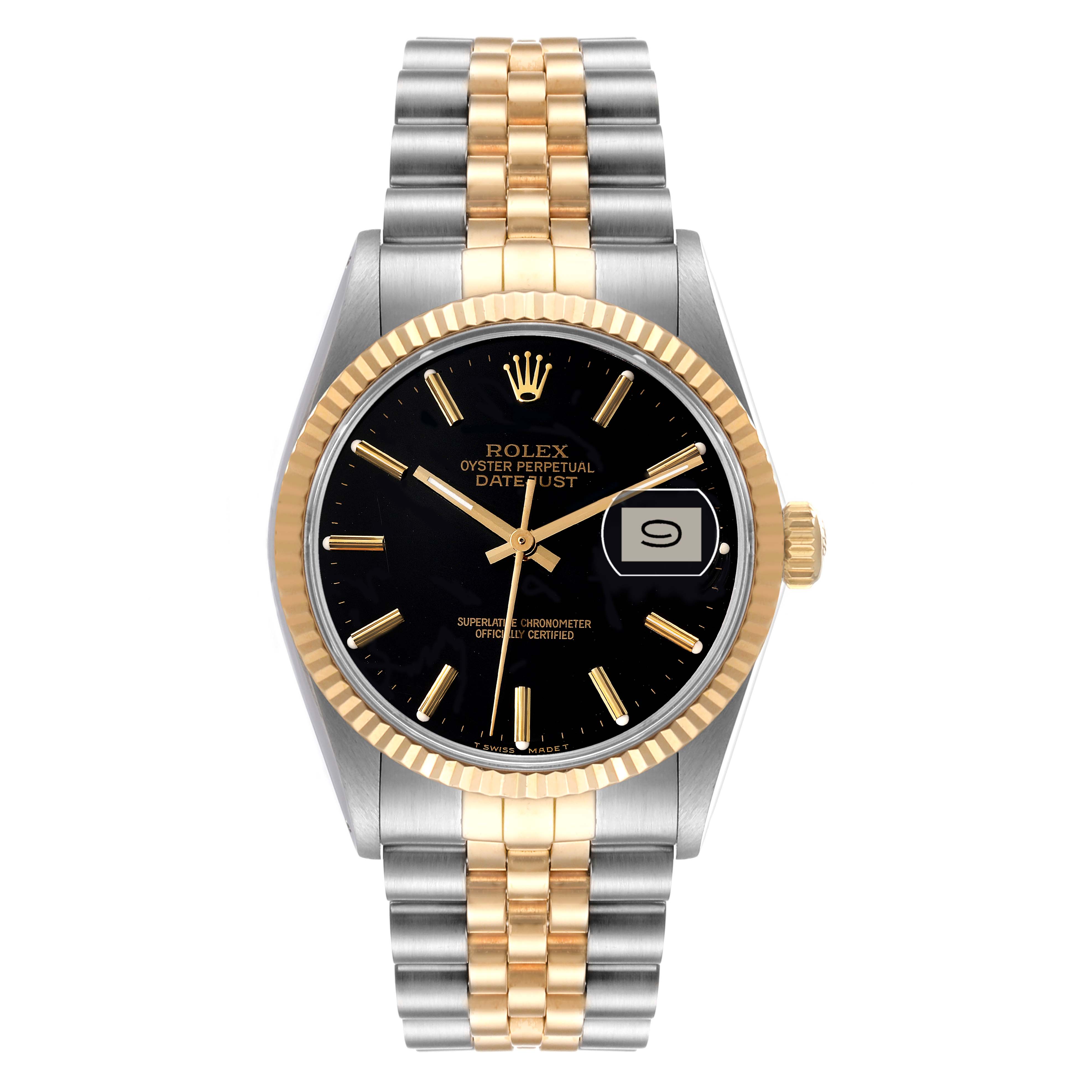 The Rolex Vintage Collection 16013 Men's Steel and Gold (two tone) Black Dial 16013 Men's Steel and Gold (two tone) Black Dial model watch is shown from a top-down angle, featuring a two-tone metal bracelet and a black dial with a date display.