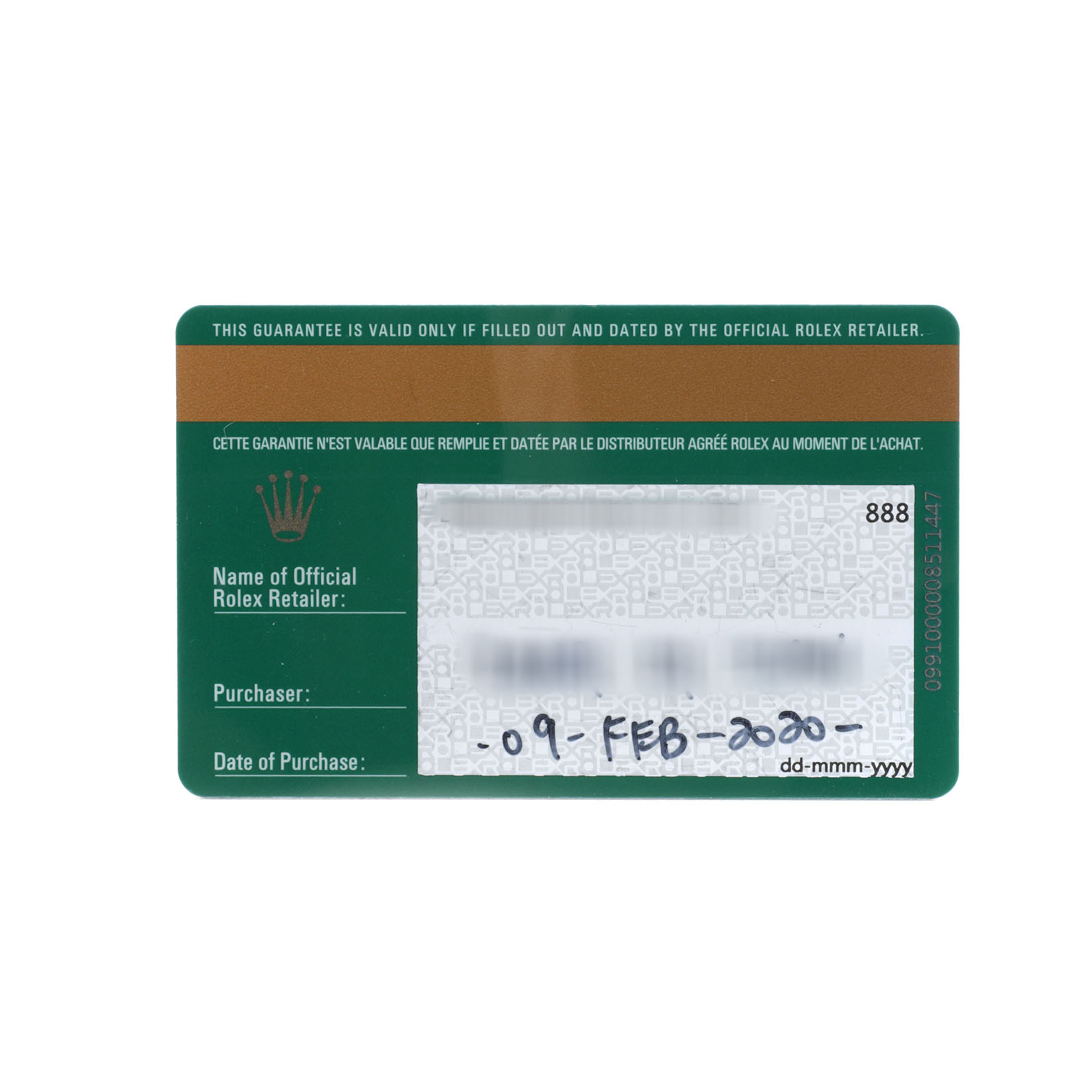 This image shows the guarantee card for the Rolex Datejust 41 126300 Men's Stainless Steel Blue Dial watch, displaying retailer and purchase details.