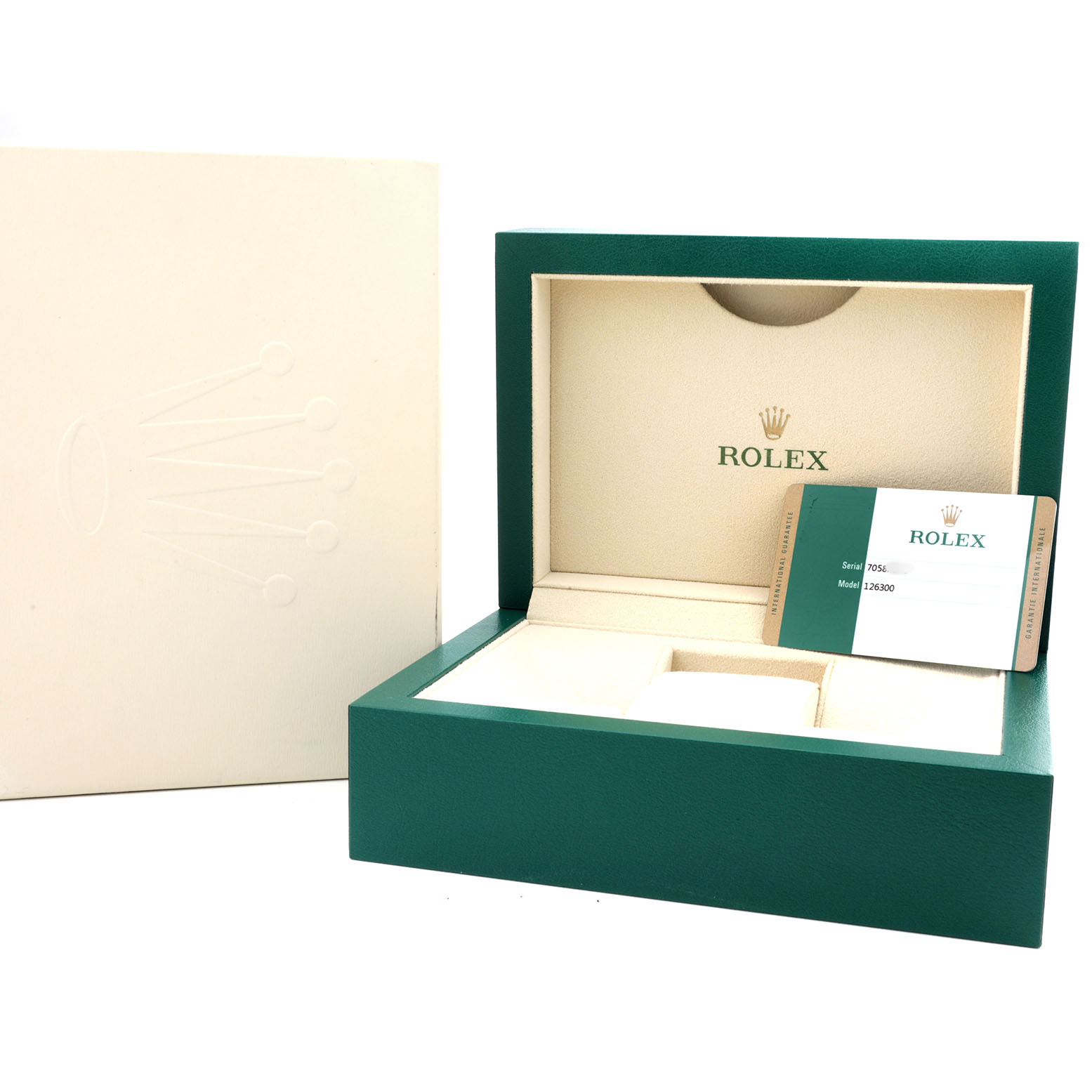 The image shows the open box and certificate for a Rolex Datejust 41 126300 Men's Stainless Steel Blue Dial watch, with a close-up on the packaging.