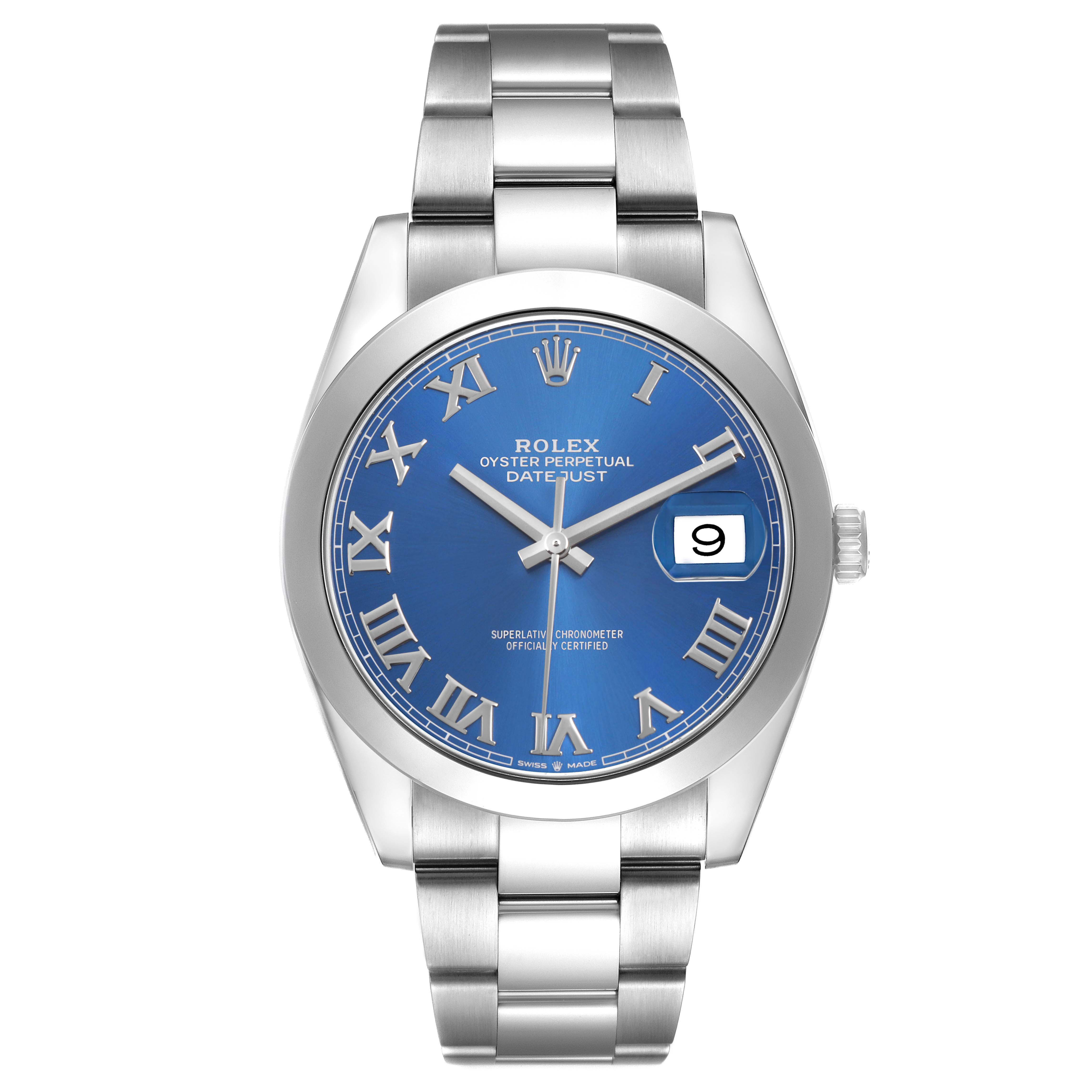 The Rolex Datejust 41 126300 Men's Stainless Steel Blue Dial is shown from the front, highlighting the blue dial, Roman numerals, and date window.