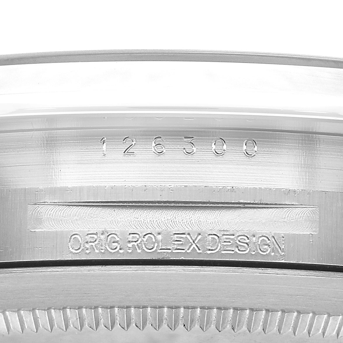 The image shows the case back with engravings of the Rolex Datejust 41 126300 Men's Stainless Steel Blue Dial model's reference number and "ORIG. ROLEX DESIGN."