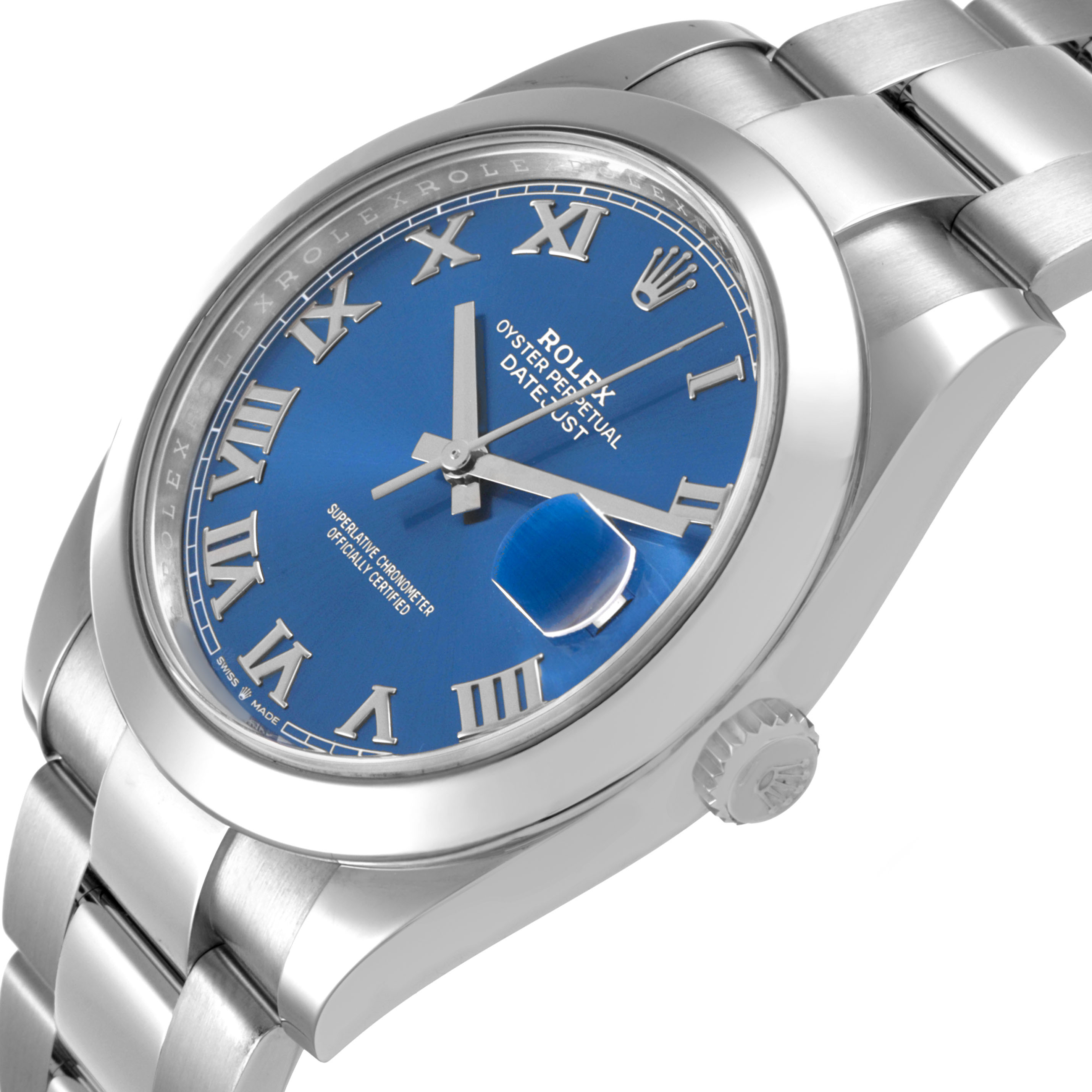 The Rolex Datejust 41 126300 Men's Stainless Steel Blue Dial is shown from a front-side angle, highlighting the blue dial, Roman numerals, bracelet, and crown.
