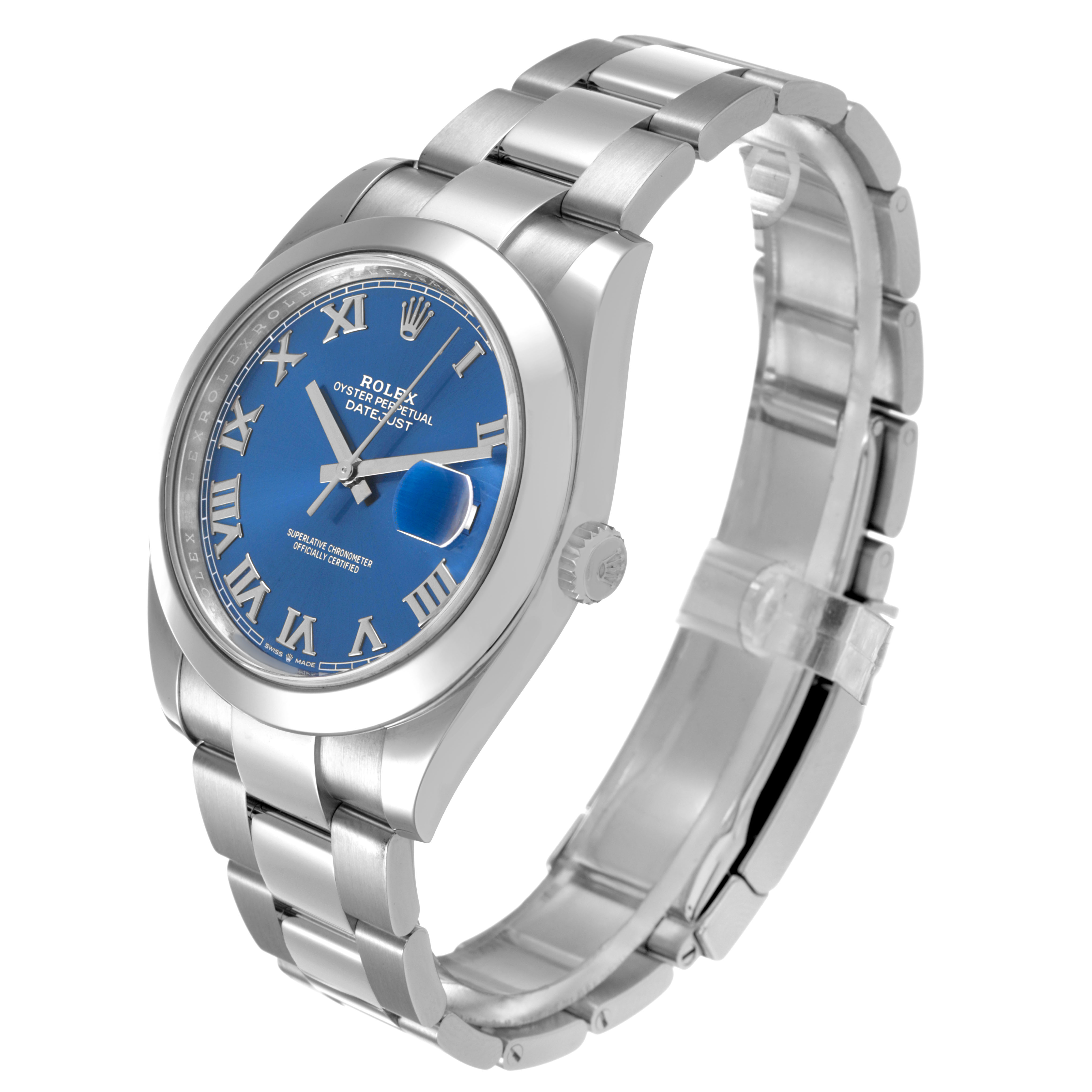 The Rolex Datejust 41 126300 Men's Stainless Steel Blue Dial watch is shown at a three-quarter angle, highlighting the blue dial, Roman numerals, and stainless steel bracelet.