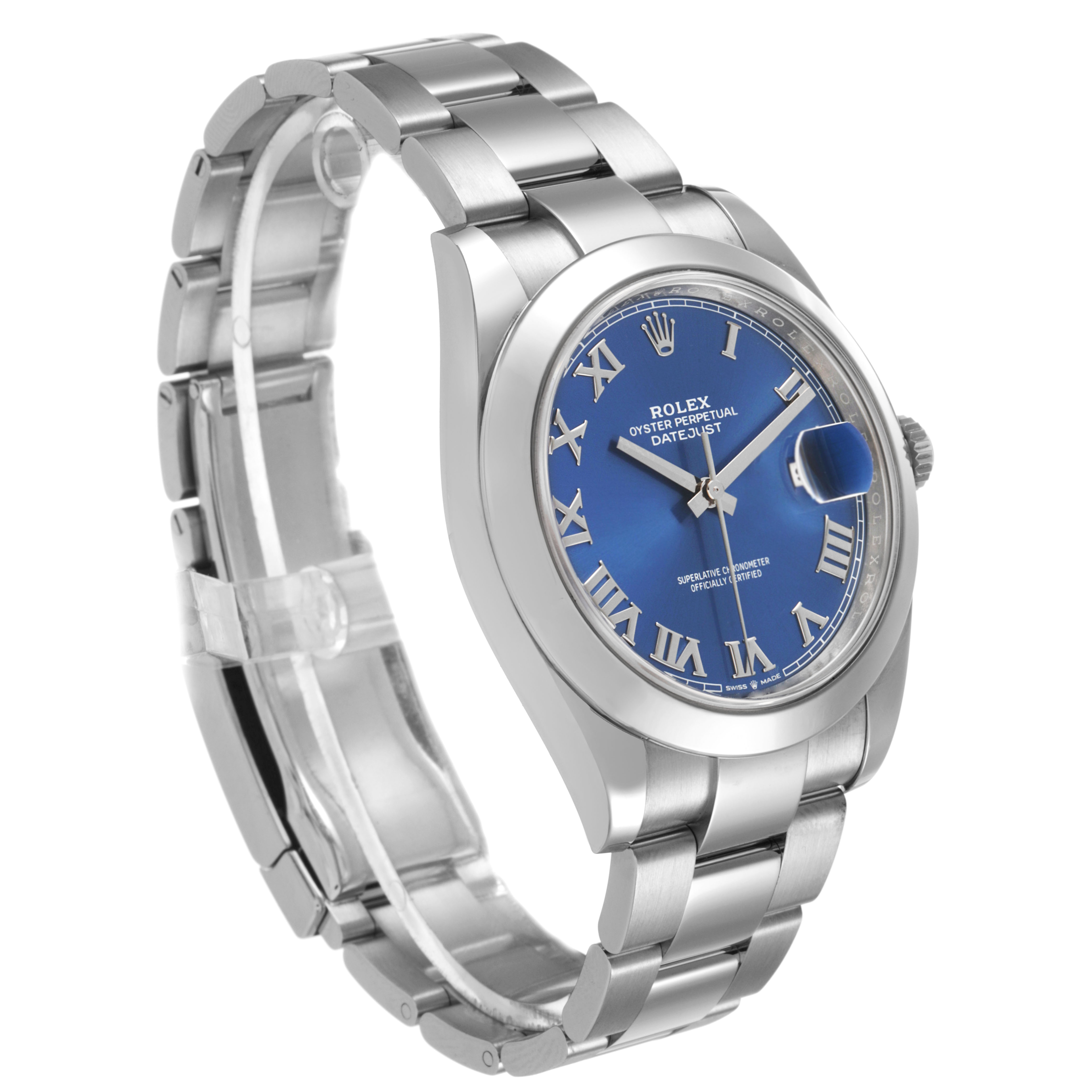 The Rolex Datejust 41 126300 Men's Stainless Steel Blue Dial watch is shown at an angled view, highlighting its blue dial, Roman numerals, and silver bracelet.