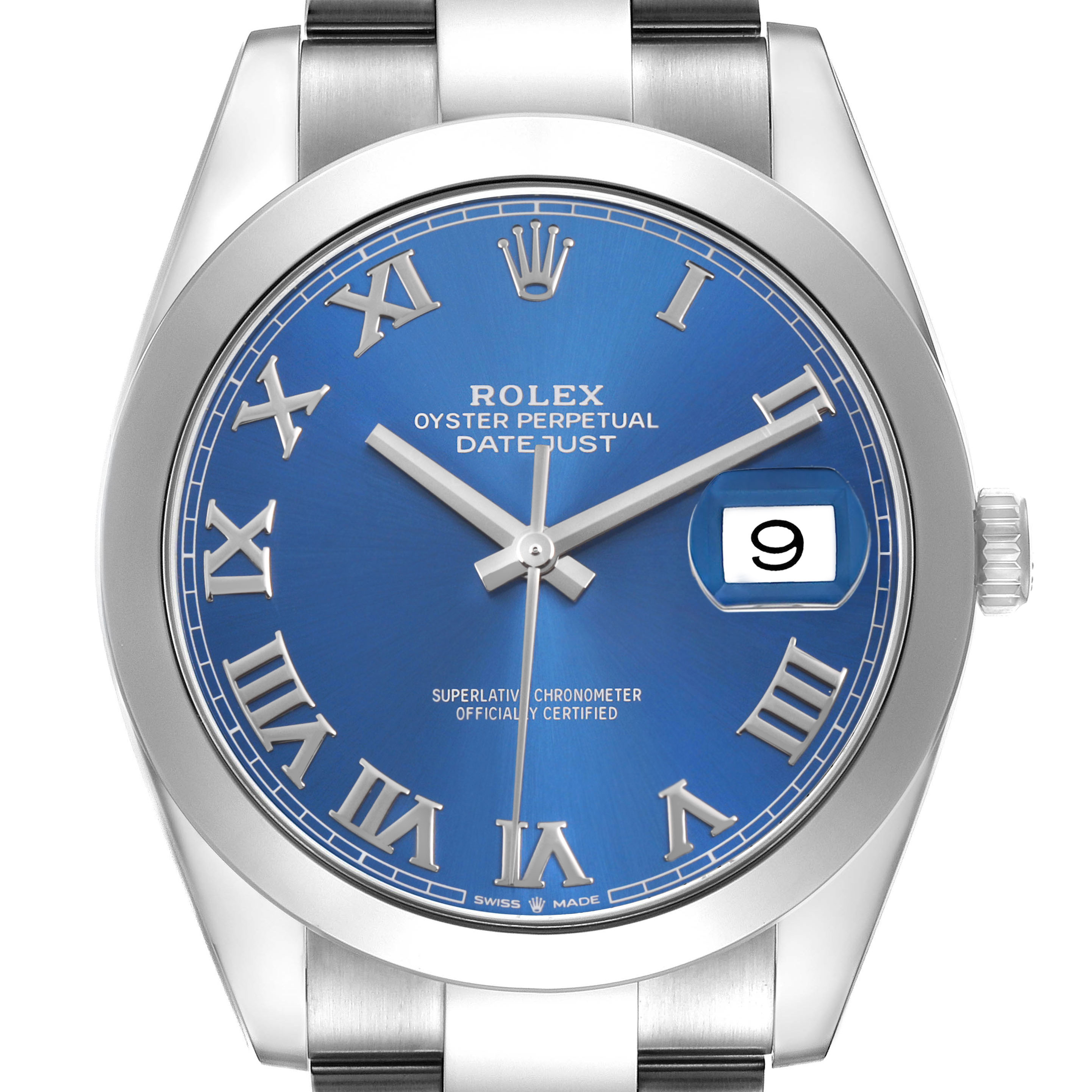 The Rolex Datejust 41 126300 Men's Stainless Steel Blue Dial is shown from the front, highlighting its blue dial, Roman numerals, bezel, and partial bracelet.