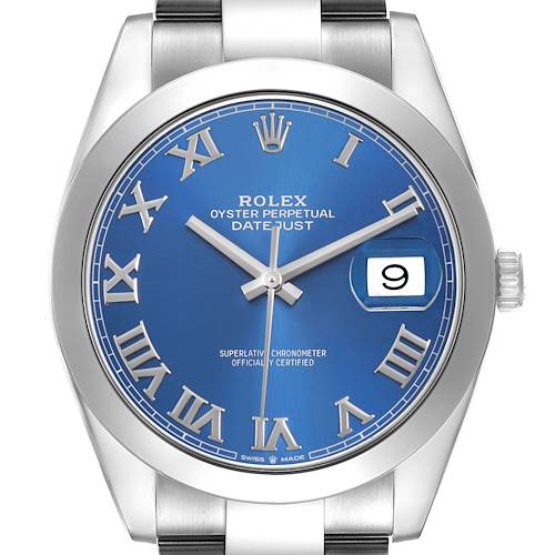The Rolex Datejust 41 126300 Men's Stainless Steel Blue Dial is displayed from the front, showing its blue dial, Roman numerals, and date window.