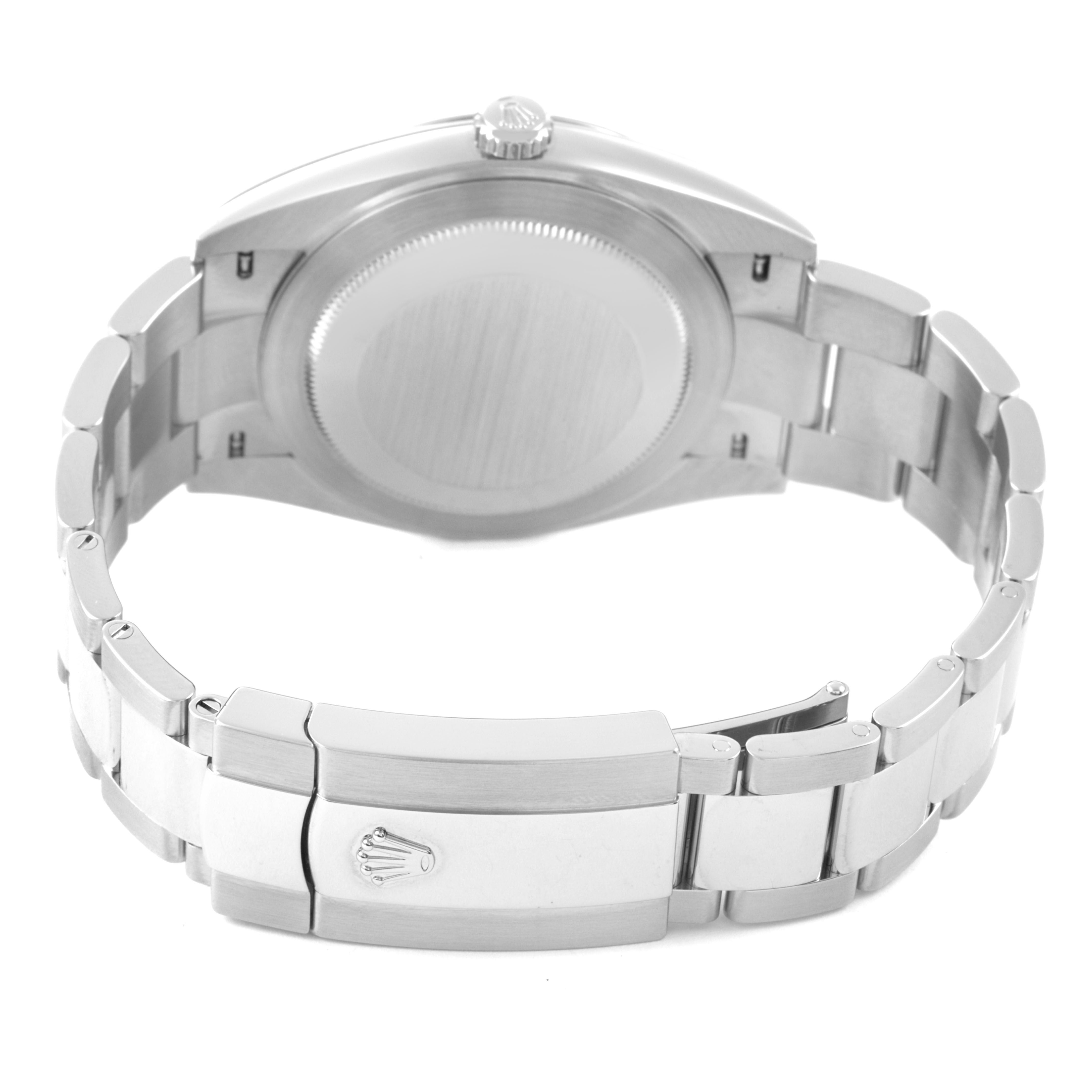 The image shows the back view of a Rolex Datejust 41 126300 Men's Stainless Steel Blue Dial, highlighting the case back and bracelet clasp.