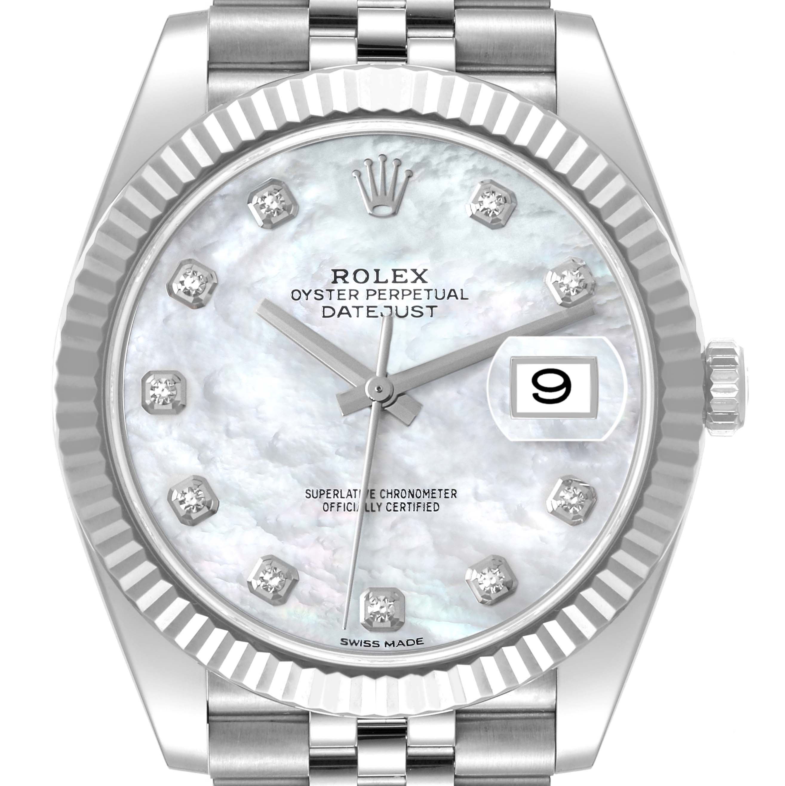 The image shows a front view of the Rolex Datejust 41 126334 Men
s Stainless Steel Mother of Pearl Dial 126334 Men
s Stainless Steel Mother of Pearl Dial watch, highlighting the dial, bezel, and part of the bracelet.