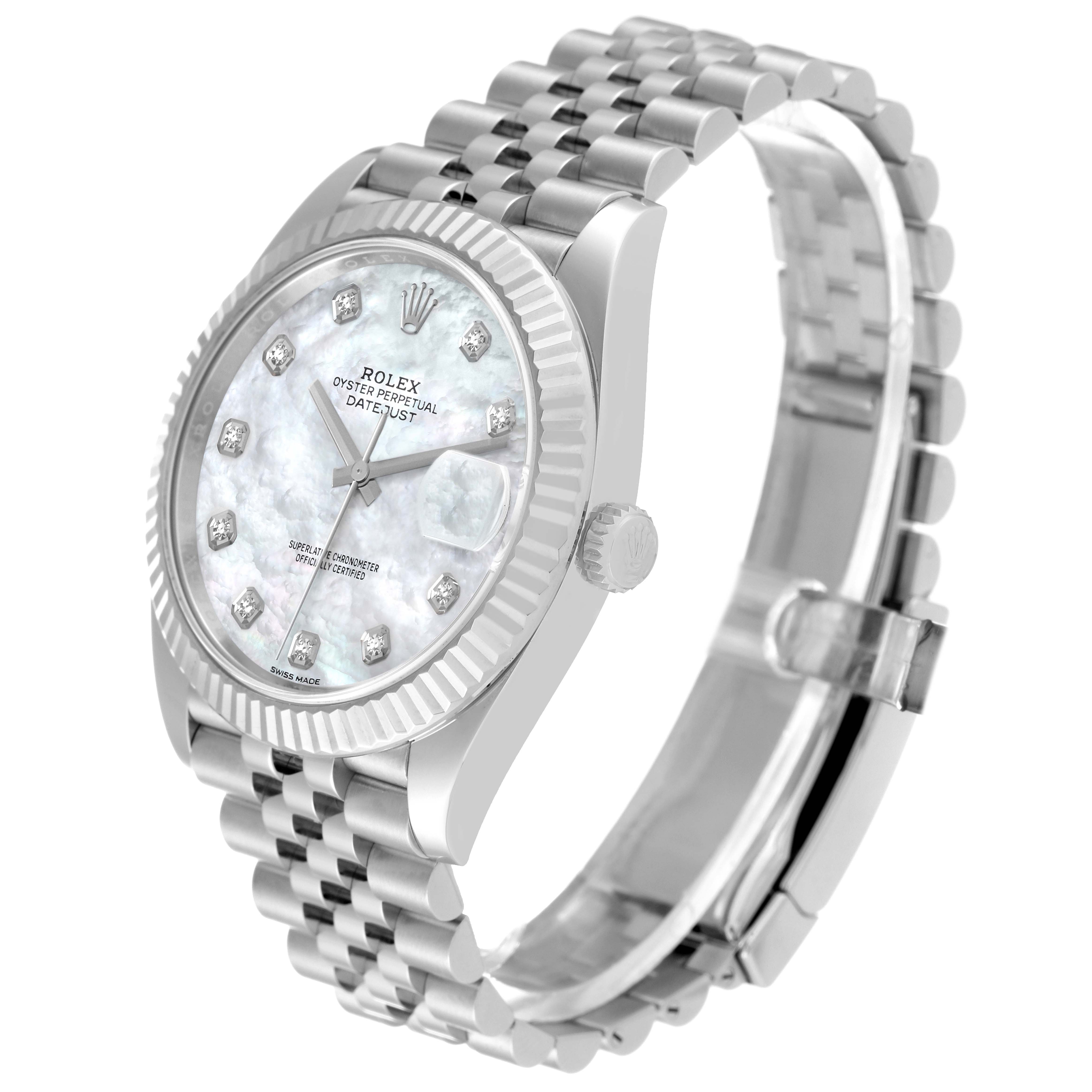 The Rolex Datejust 41 126334 Men
s Stainless Steel Mother of Pearl Dial 126334 Men
s Stainless Steel Mother of Pearl Dial watch is shown at a slight angle, displaying the dial, bezel, and bracelet clearly.