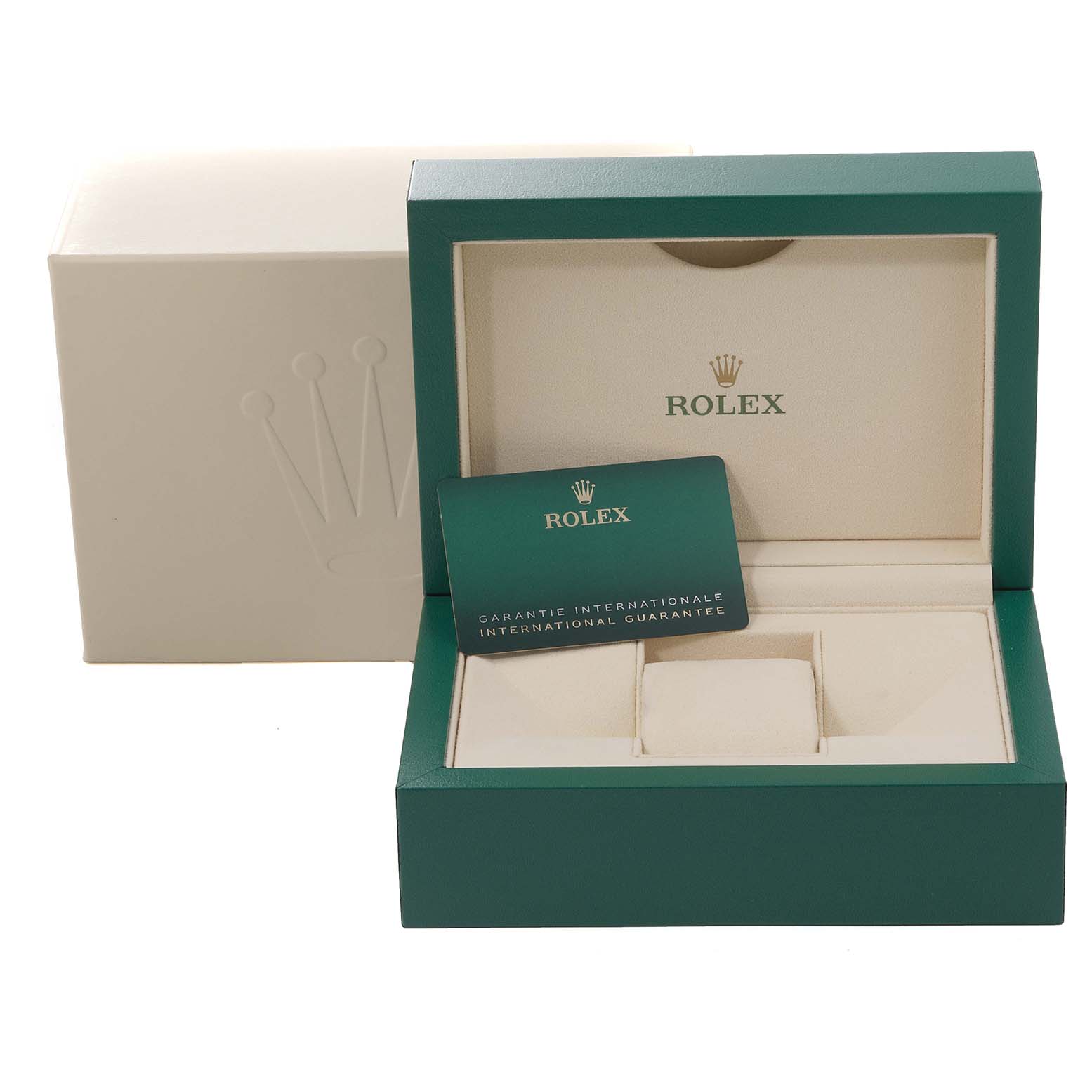 The image shows a green and beige Rolex Datejust 41 126334 Men
s Stainless Steel Mother of Pearl Dial 126334 Men
s Stainless Steel Mother of Pearl Dial watch box with an international guarantee card.