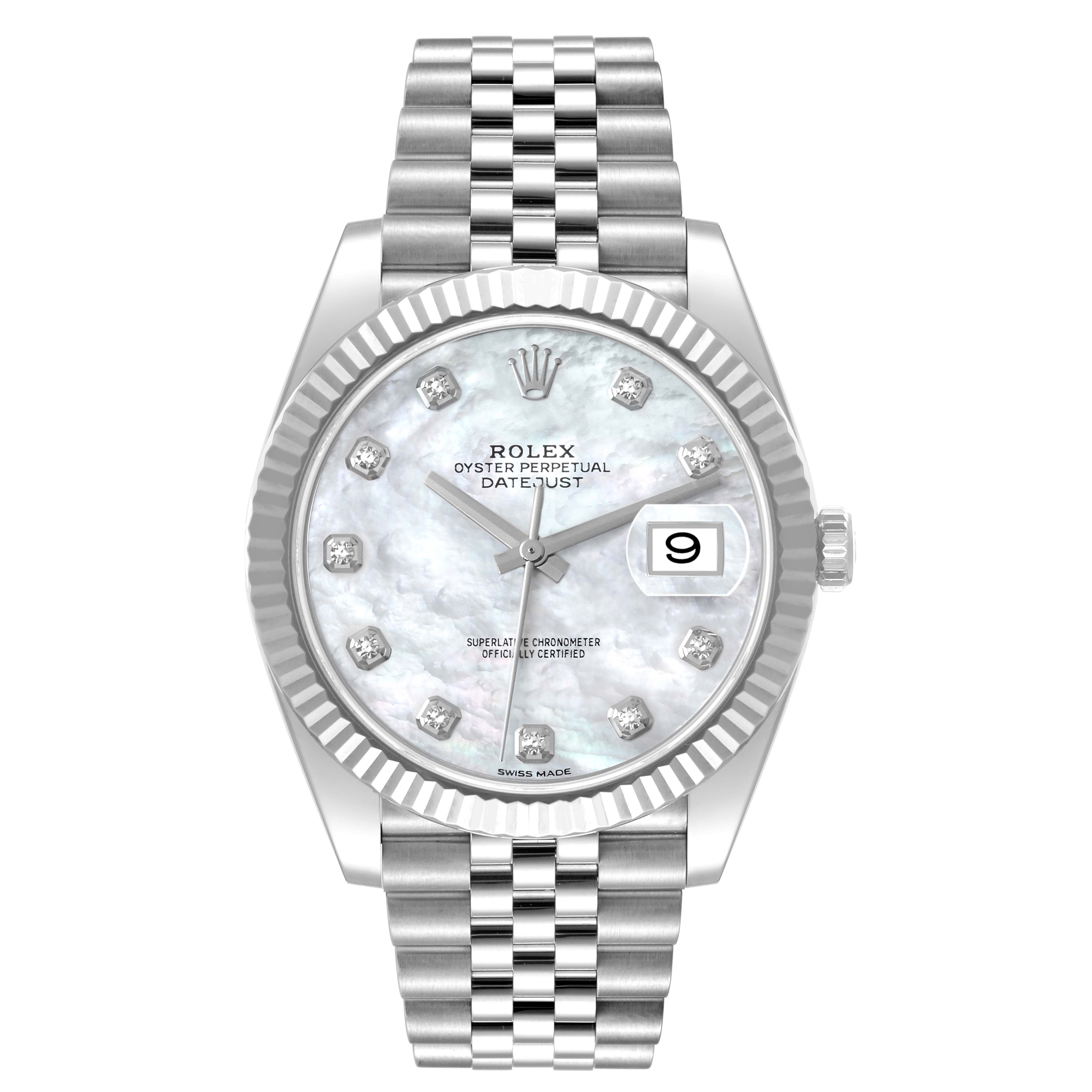 The image shows a front view of the Rolex Datejust 41 126334 Men
s Stainless Steel Mother of Pearl Dial 126334 Men
s Stainless Steel Mother of Pearl Dial with a fluted bezel and jubilee bracelet.