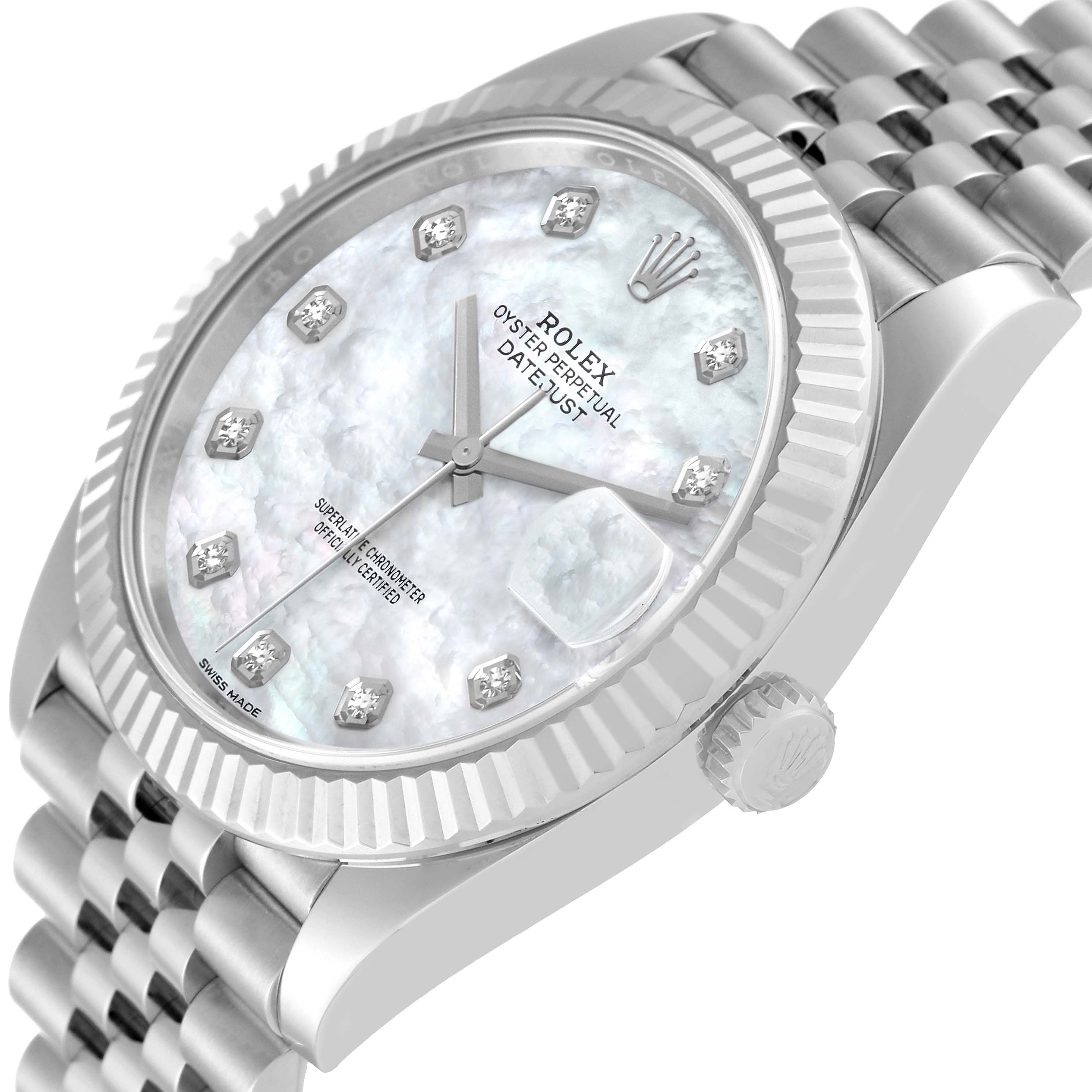 This image shows a close-up angled view of the Rolex Datejust 41 126334 Men
s Stainless Steel Mother of Pearl Dial 126334 Men
s Stainless Steel Mother of Pearl Dial watch, focusing on its dial, bezel, crown, and part of the bracelet.