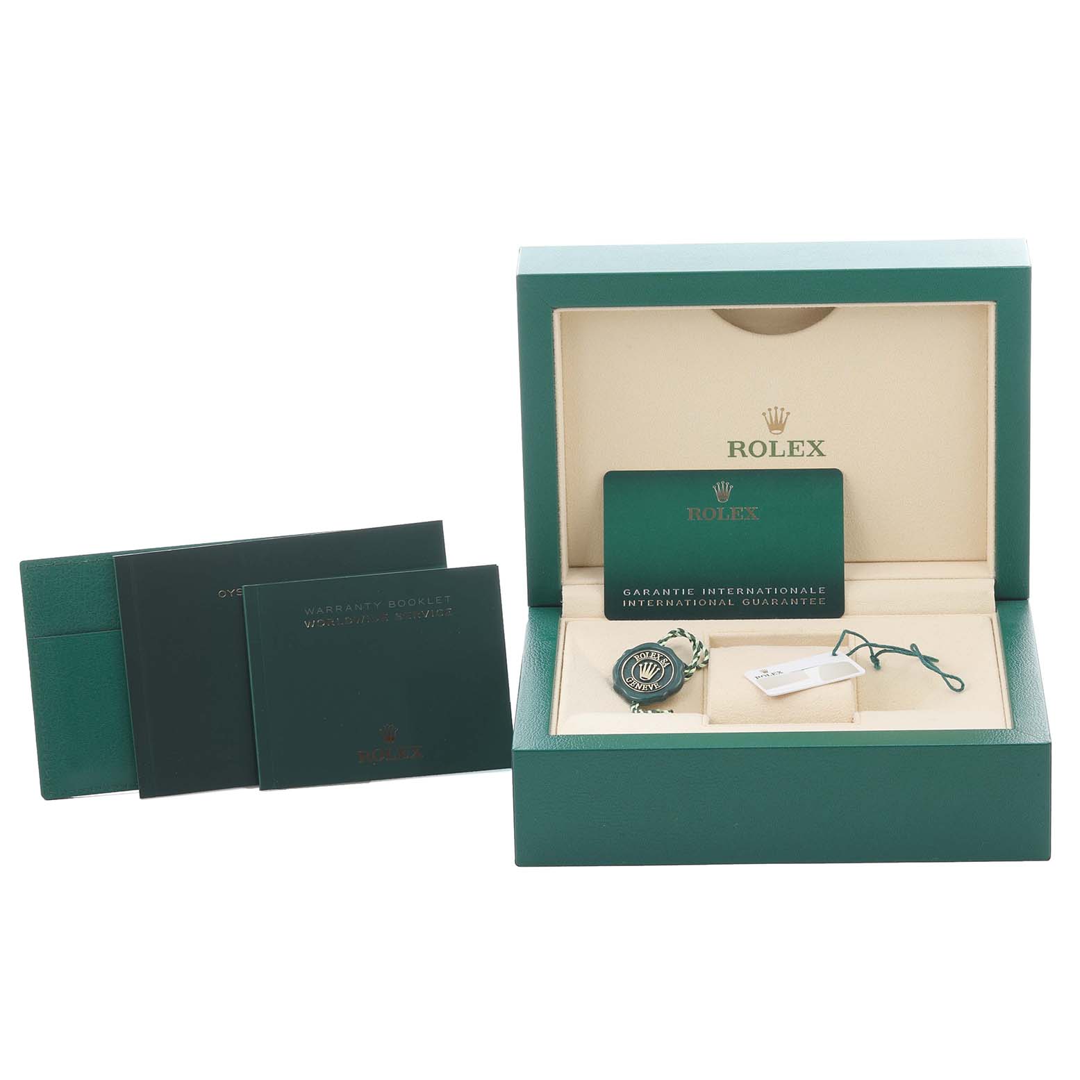 The image shows a Rolex Datejust box set with warranty booklet, guarantee card, and tag from a front angle.