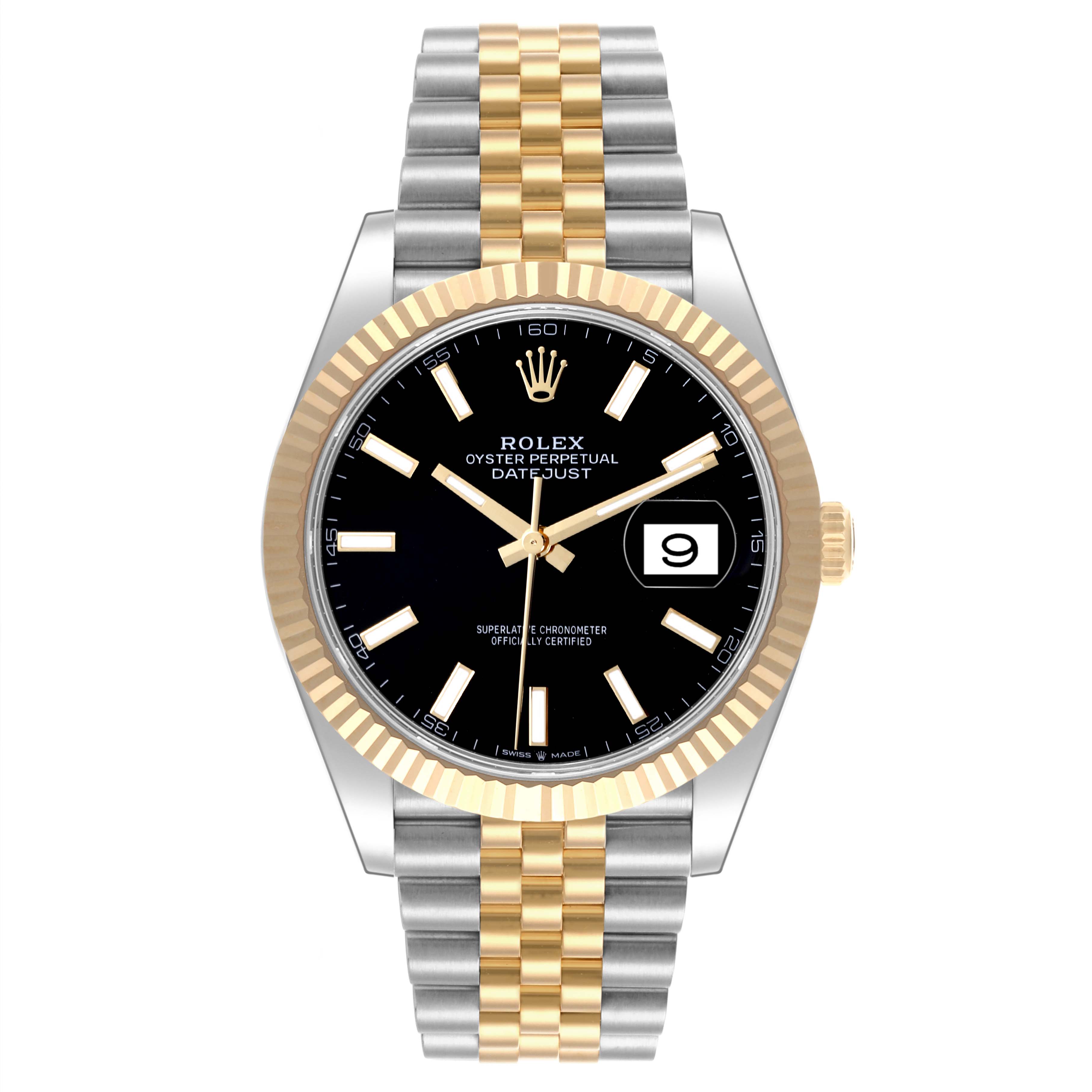 The Rolex Datejust 41 126333 Men's Steel and Gold (two tone) Black Dial 126333 Men's Steel and Gold (two tone) Black Dial watch is shown from the front, highlighting its black dial, gold fluted bezel, and two-tone bracelet.