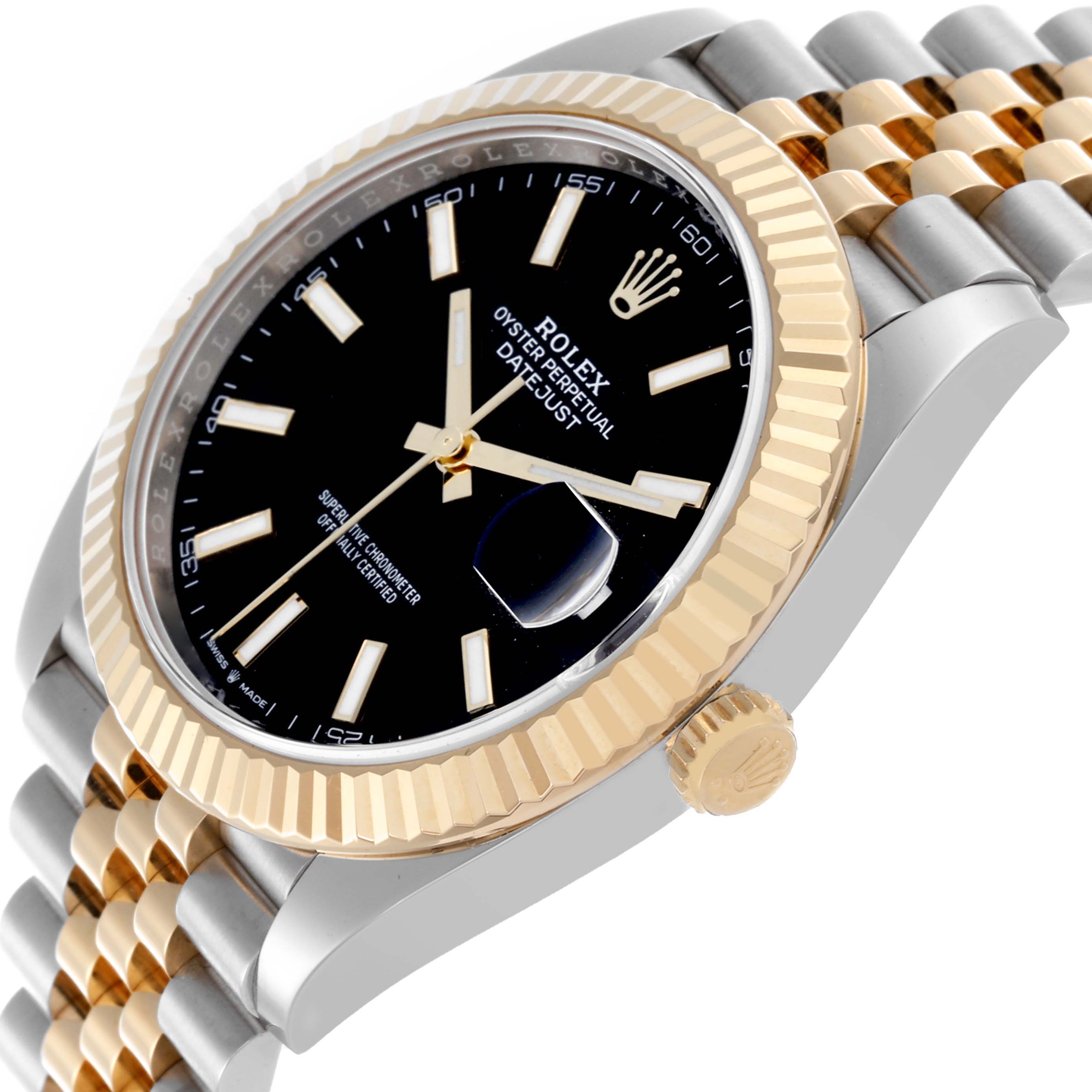The Rolex Datejust watch is shown at an angle highlighting the face, bezel, and Jubilee bracelet.