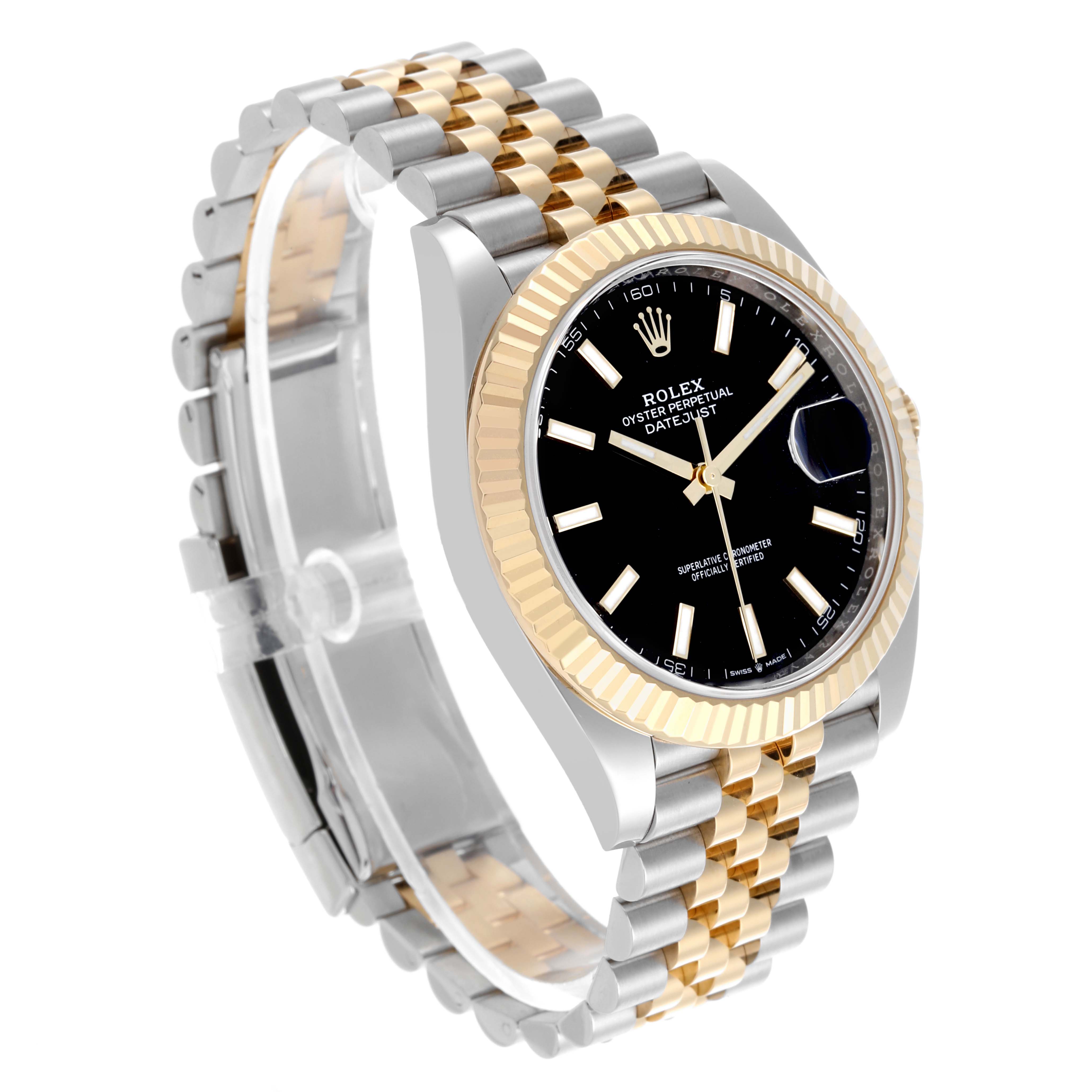 The Rolex Datejust watch is shown at a slight angle, highlighting the watch face, bezel, and bracelet.