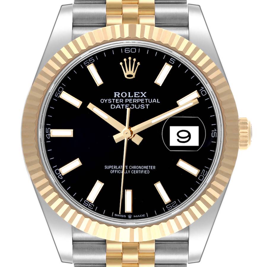 The Rolex Datejust watch is shown from the front, displaying its black dial, gold bezel, and part of the two-tone bracelet.