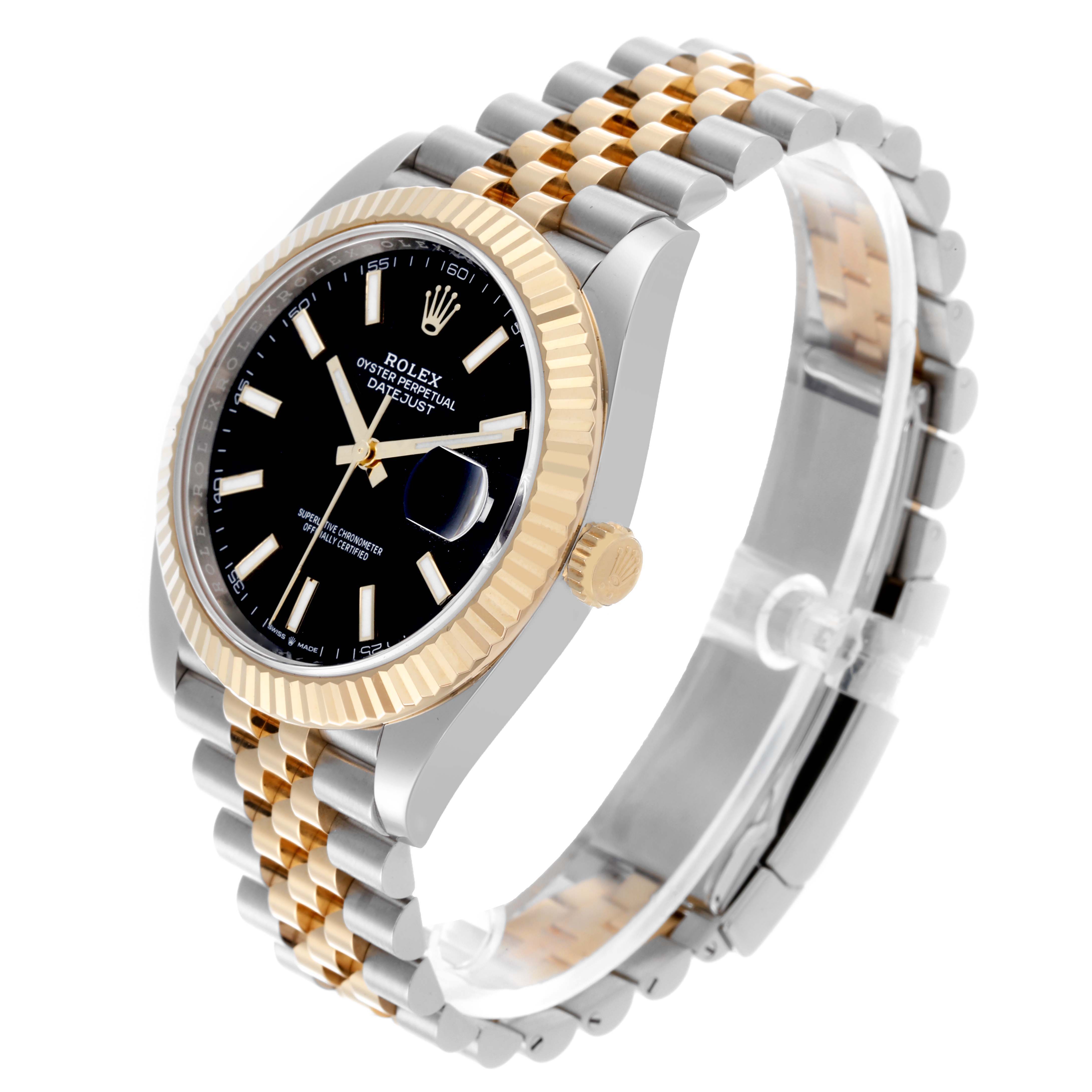 The Rolex Datejust watch is shown from an angled side view, highlighting the bezel, dial, and two-tone jubilee bracelet.