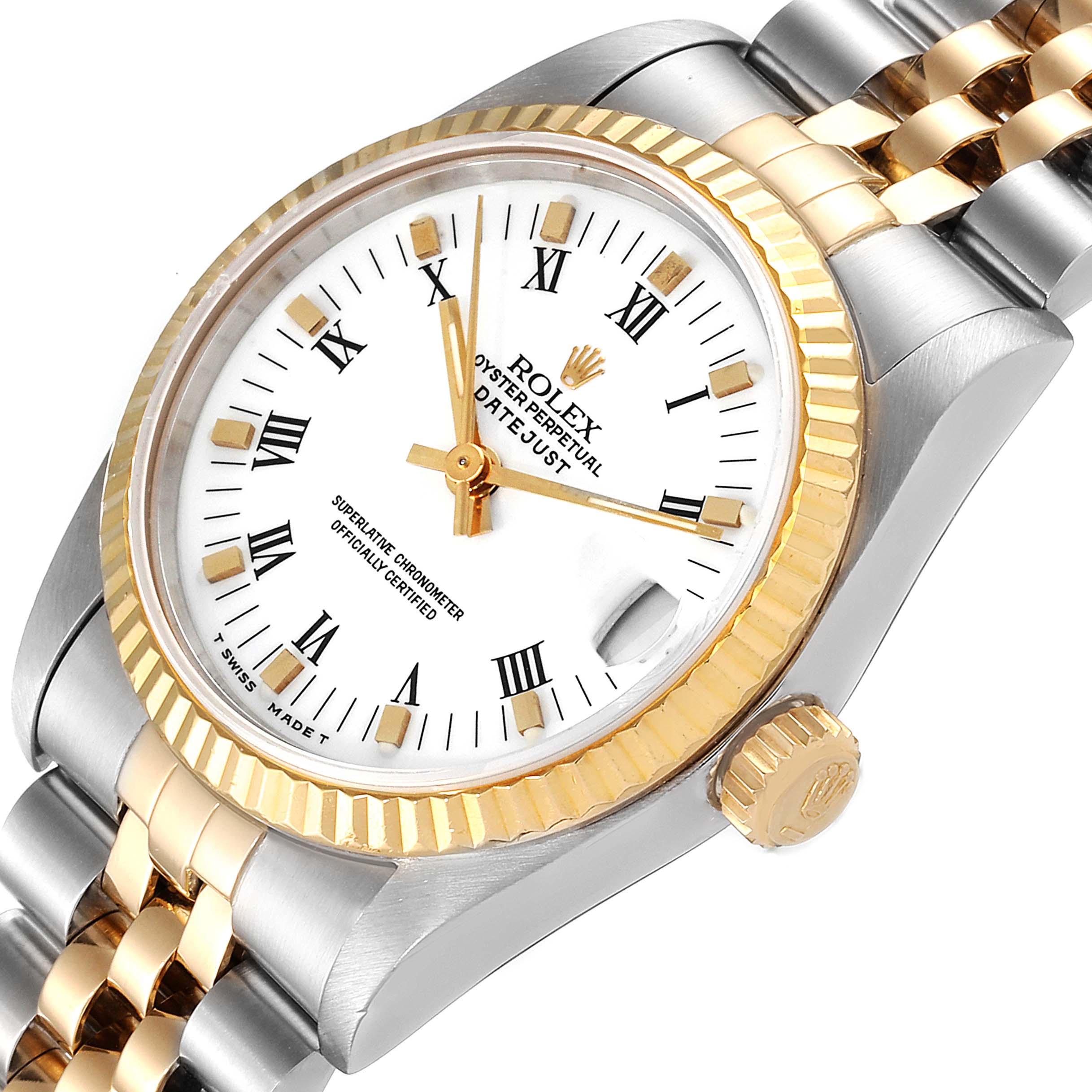 This image shows a close-up angled view of a Rolex Mid-Size 68273 Women's Steel and Gold (two tone) White Dial 68273 Women's Steel and Gold (two tone) White Dial Datejust watch, highlighting its bezel, dial, and part of the bracelet.