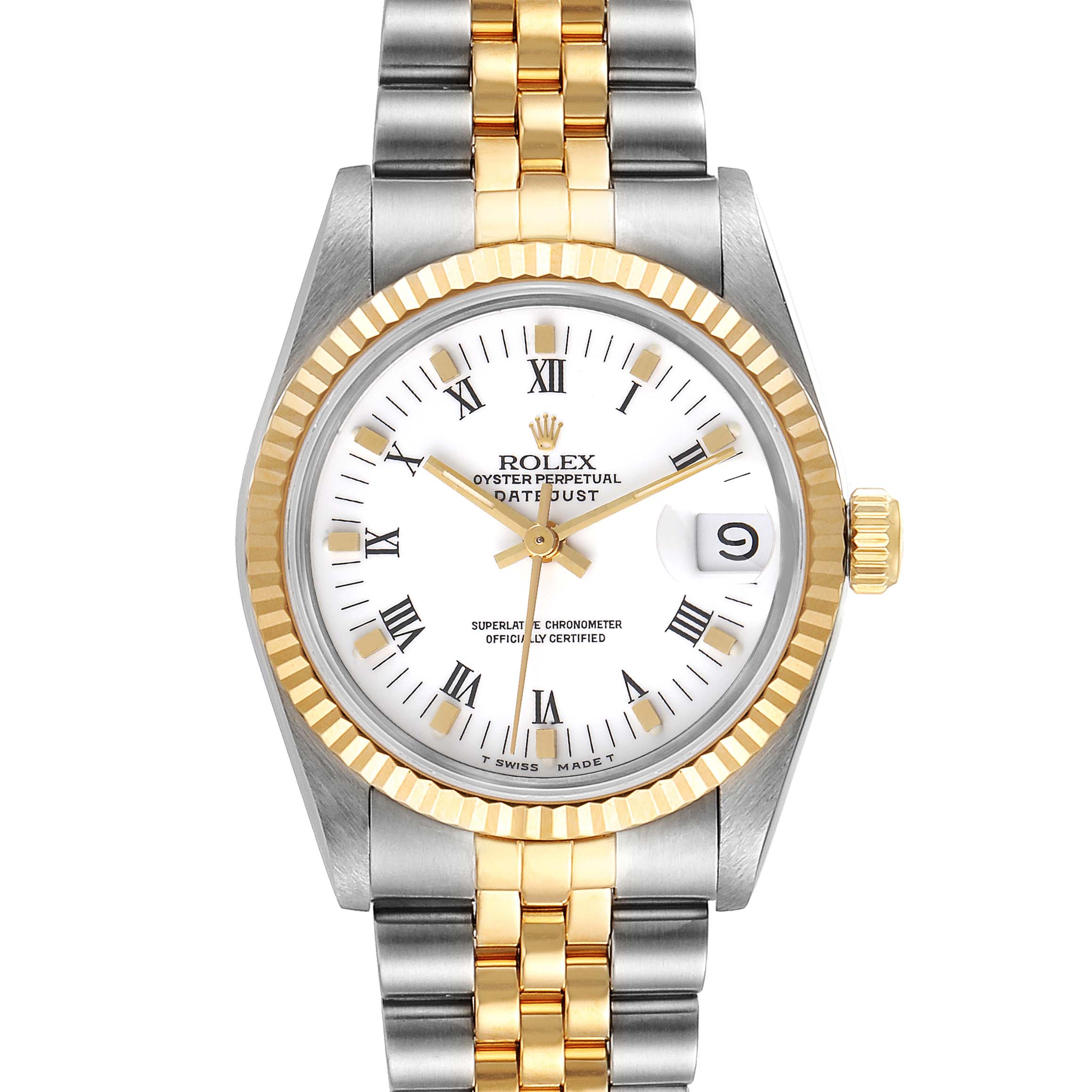 A Rolex Mid-Size 68273 Women's Steel and Gold (two tone) White Dial 68273 Women's Steel and Gold (two tone) White Dial Oyster Perpetual Datejust is shown from the front, displaying its gold and silver bracelet, fluted bezel, and white dial with Roman numerals.