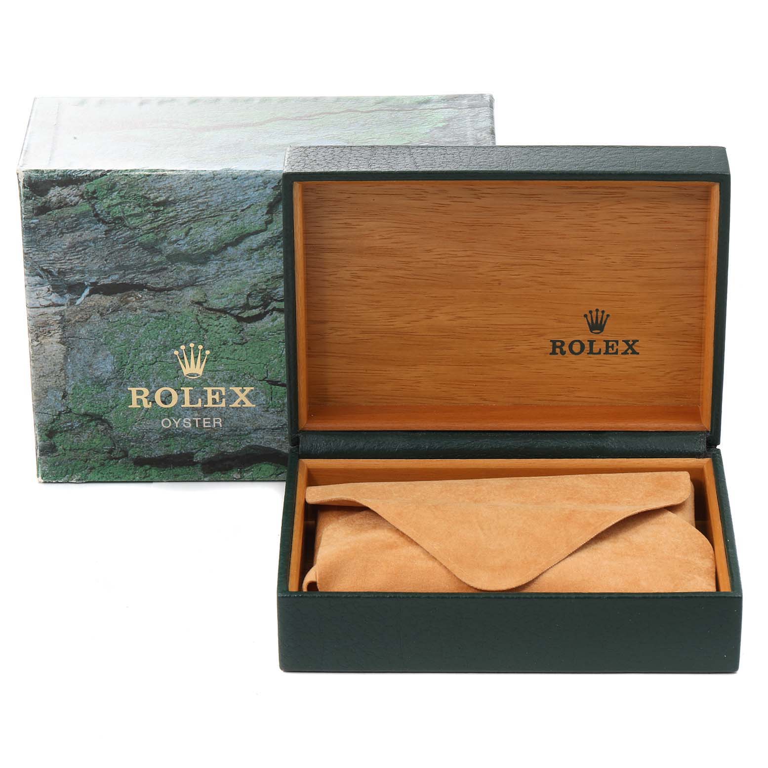 The image shows a Rolex Mid-Size 68273 Women's Steel and Gold (two tone) White Dial 68273 Women's Steel and Gold (two tone) White Dial model's box and suede pouch, with the box's lid open and the outer packaging in the background.