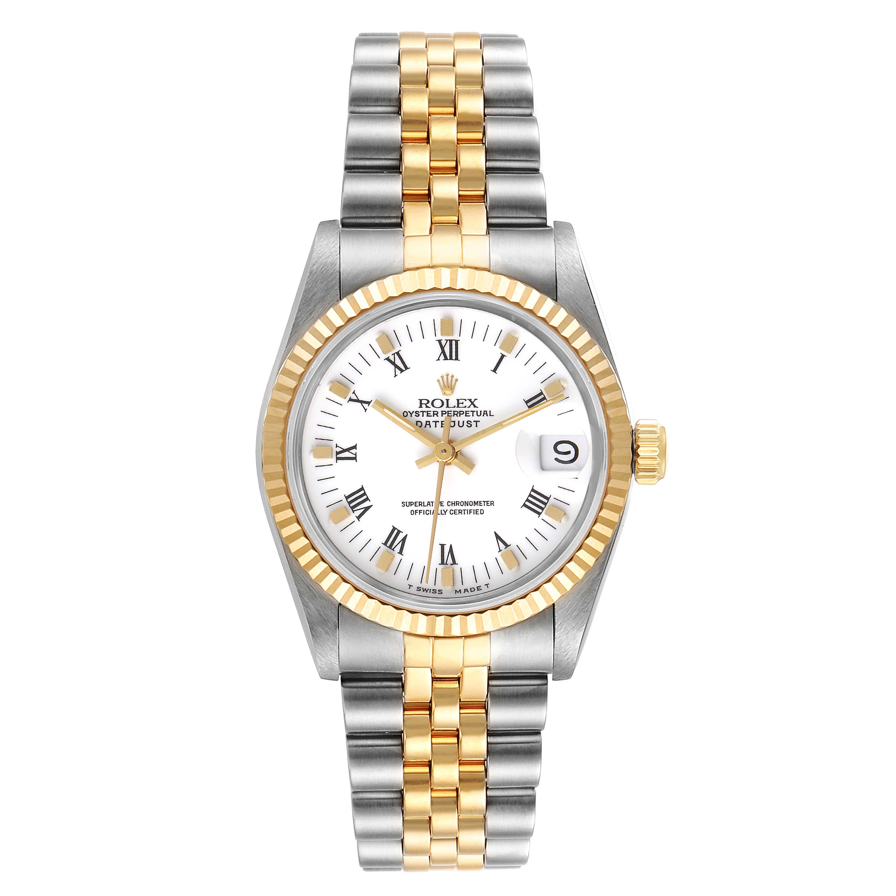 This image shows the front view of the Rolex Mid-Size 68273 Women's Steel and Gold (two tone) White Dial 68273 Women's Steel and Gold (two tone) White Dial Oyster Perpetual Datejust, featuring a two-tone bracelet and fluted bezel.
