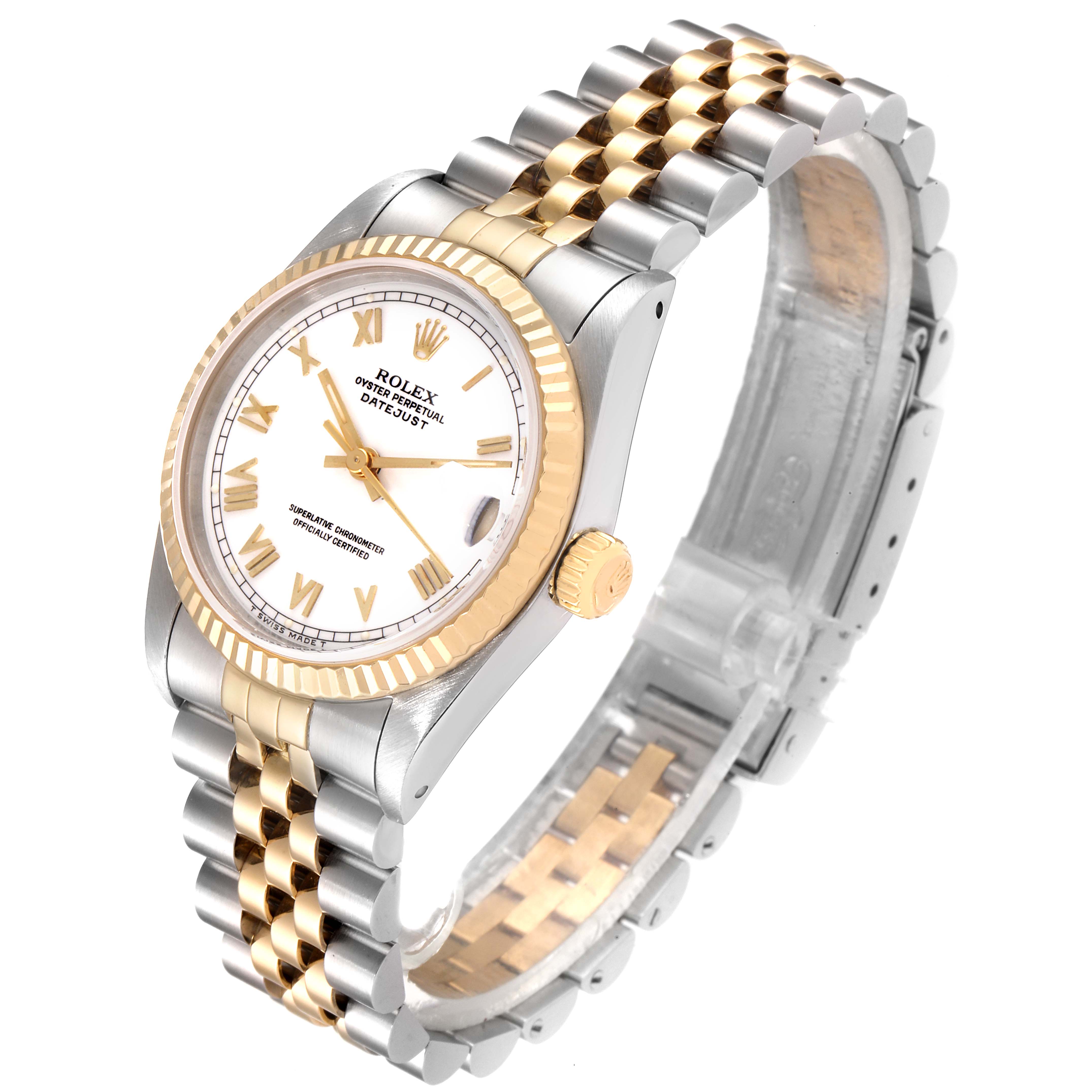 This image shows a Rolex Mid-Size 68273 Women's Steel and Gold (two tone) White Dial 68273 Women's Steel and Gold (two tone) White Dial Datejust watch at a slight side angle, displaying its two-tone bracelet, bezel, crown, and face.