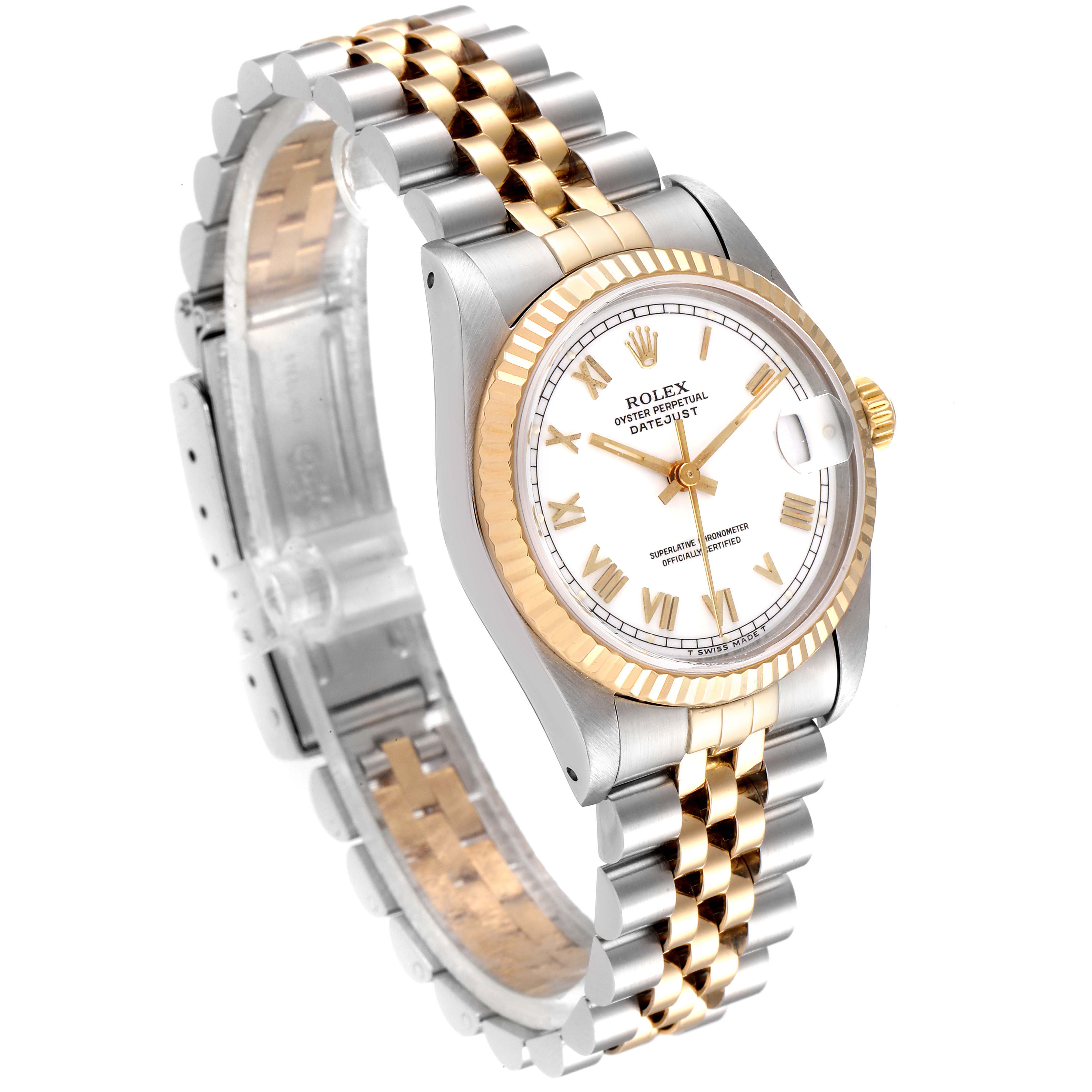 The image shows a Mid-Size Rolex Datejust watch at a 3/4 angle, highlighting its two-tone bracelet, white dial, and fluted bezel.
