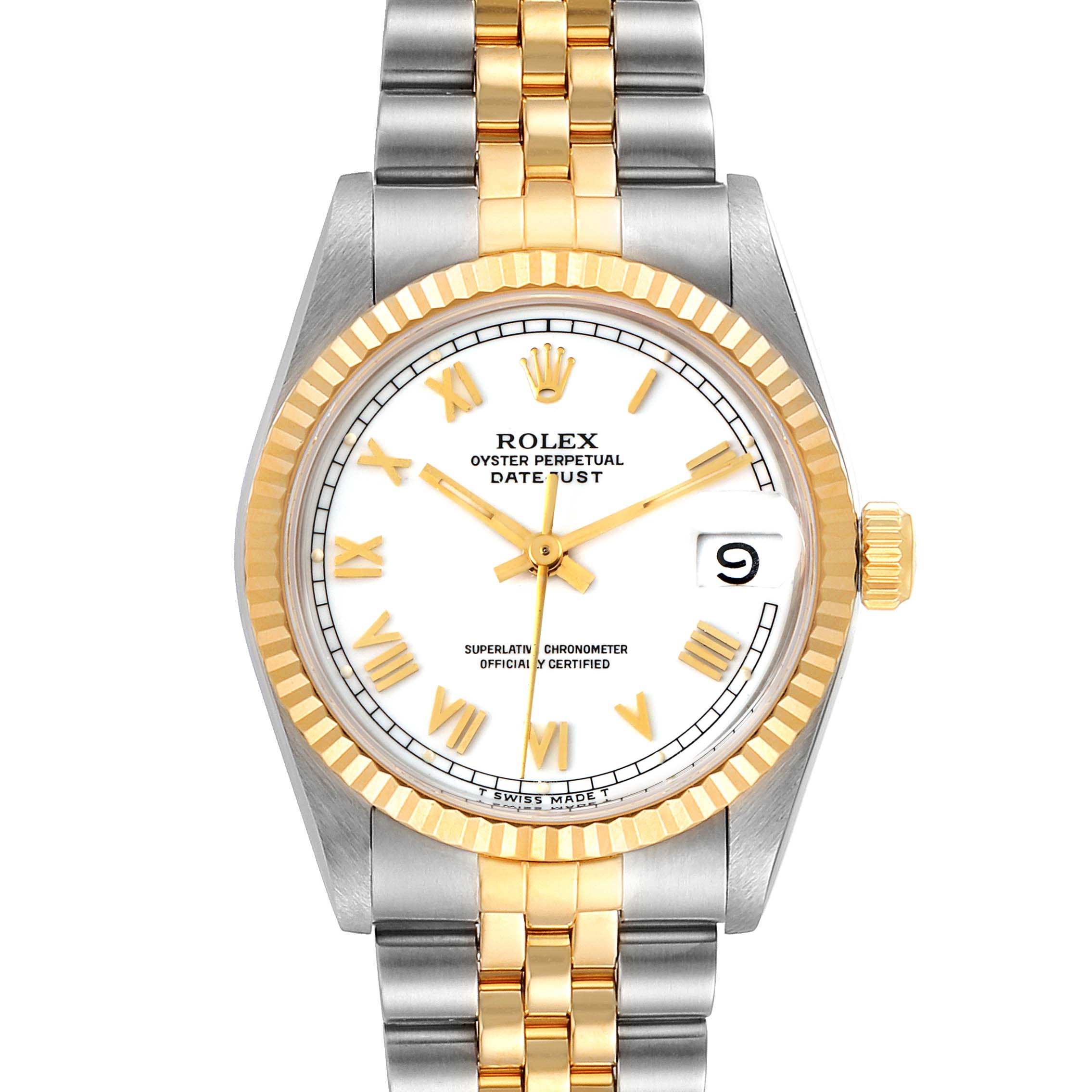 This is a front view of a Rolex Mid-Size 68273 Women's Steel and Gold (two tone) White Dial 68273 Women's Steel and Gold (two tone) White Dial Oyster Perpetual Datejust watch, showcasing the dial, bezel, and bracelet.