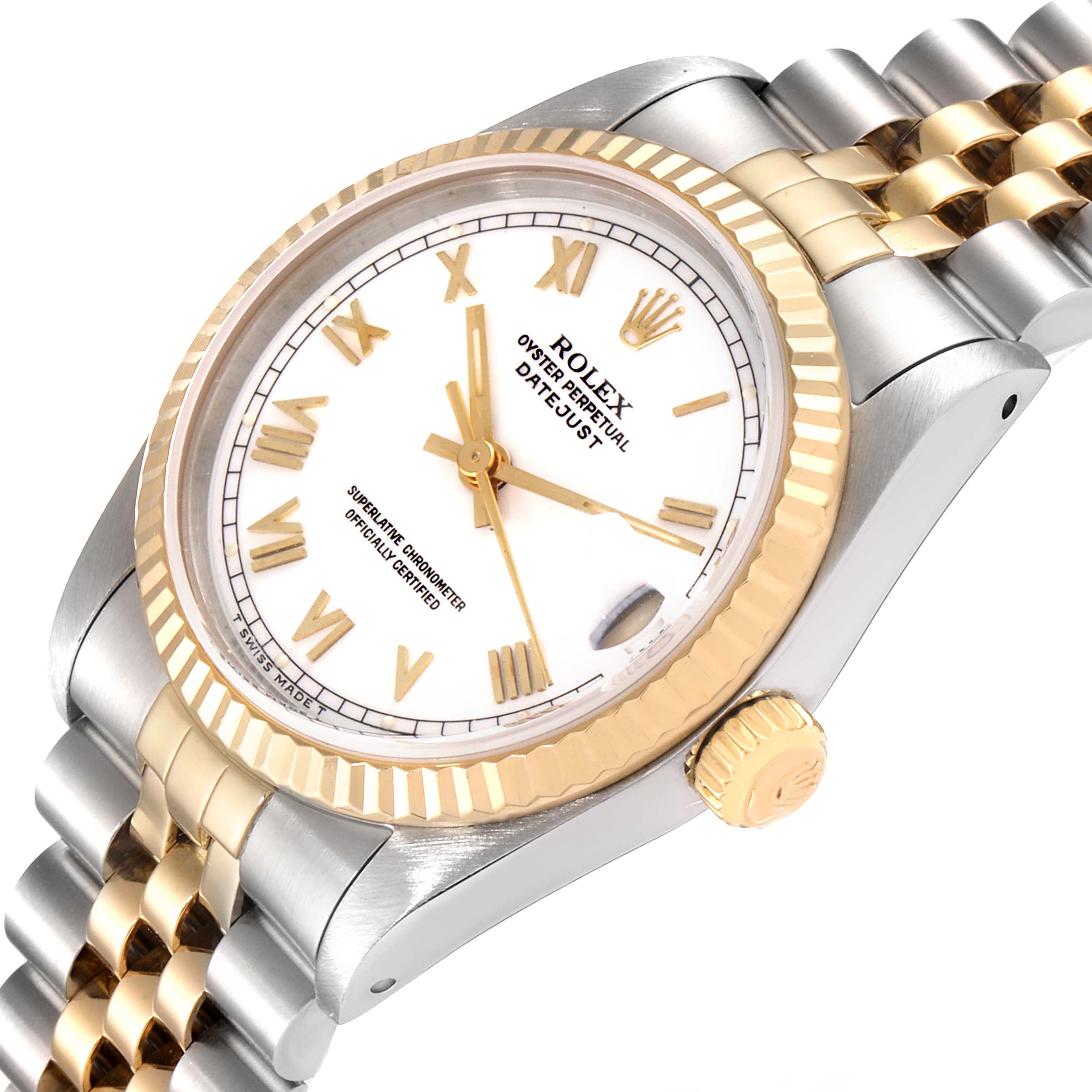 This Rolex Mid-Size 68273 Women's Steel and Gold (two tone) White Dial 68273 Women's Steel and Gold (two tone) White Dial Datejust watch is shown at an angled view, highlighting its dial, bezel, crown, and Jubilee bracelet.