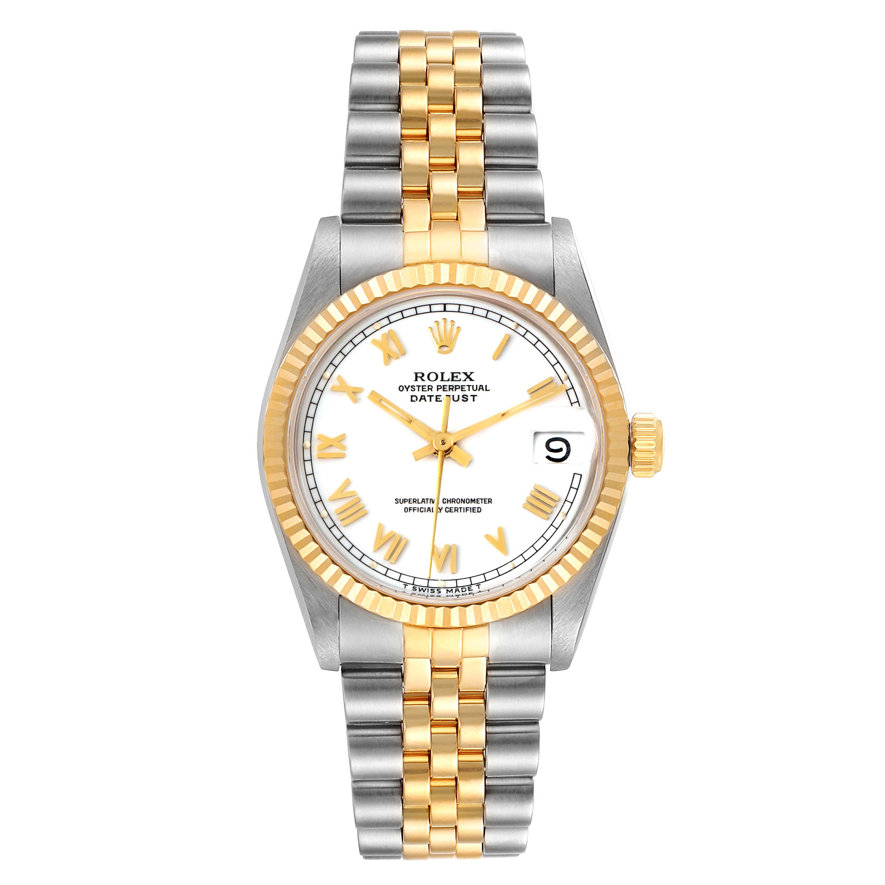 This image shows a front view of a Rolex Oyster Perpetual Datejust Mid-Size watch, featuring the dial, bezel, and two-tone bracelet.