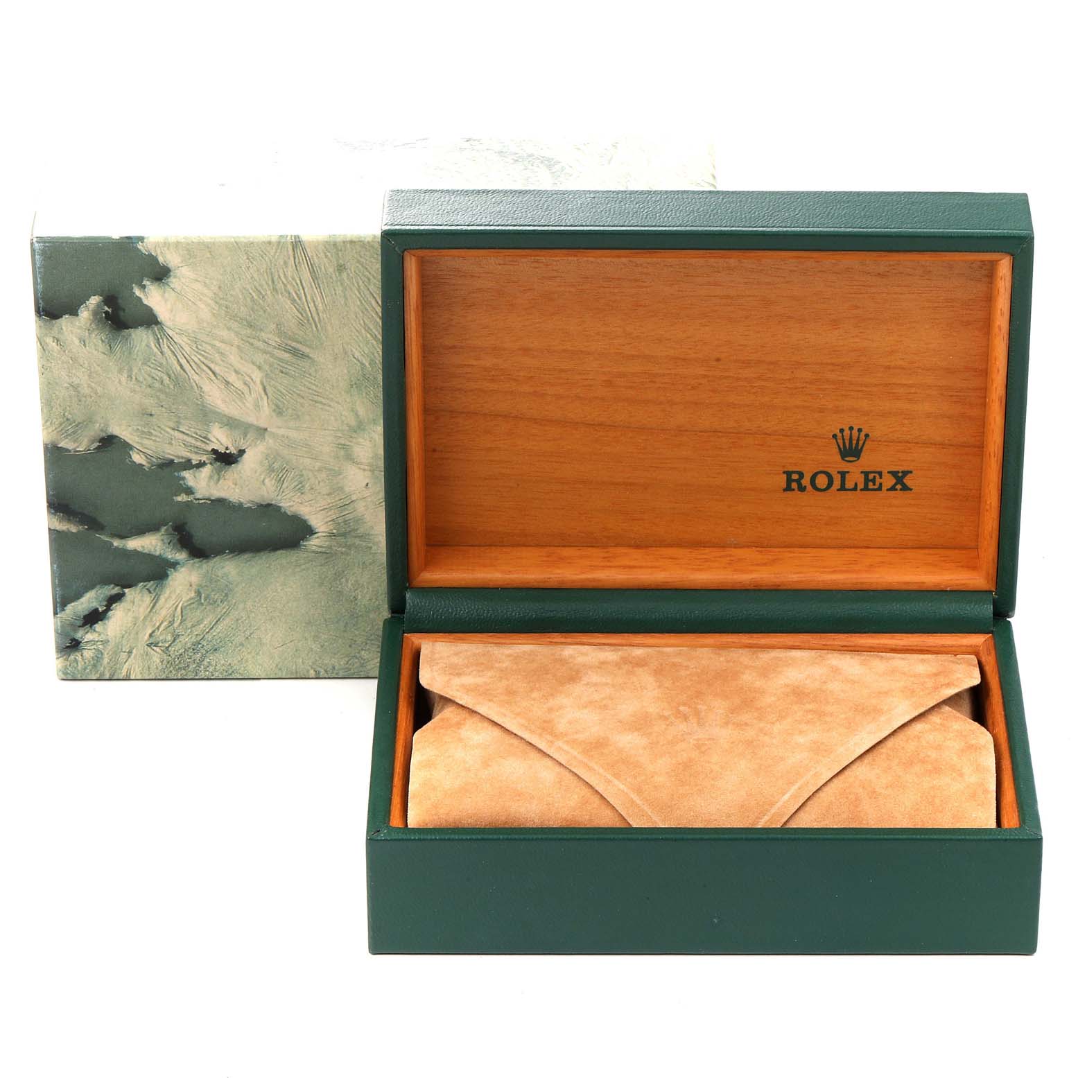 The image shows the open box of a Mid-Size Rolex watch with its packaging and carrying case visible.