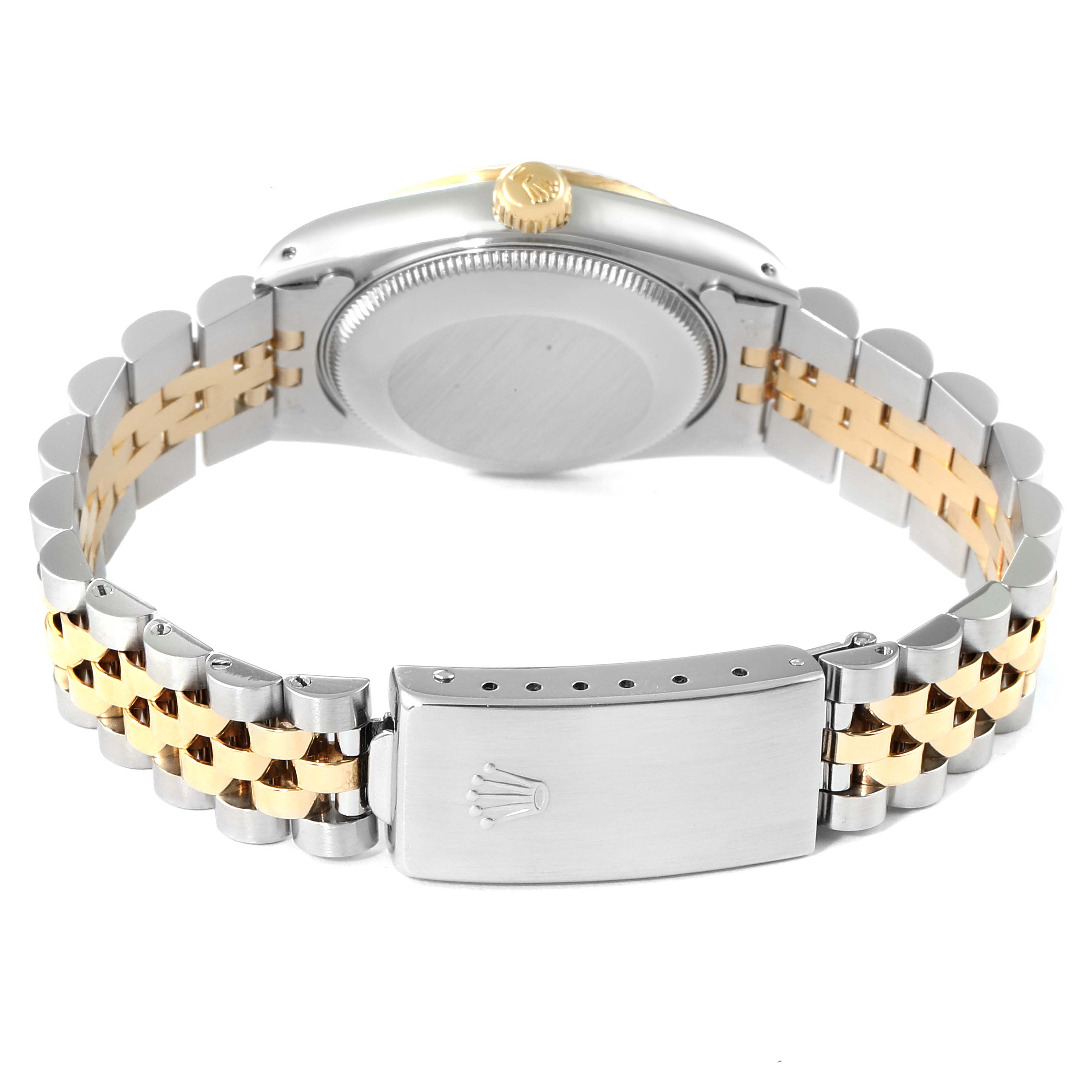 The image shows the rear case and bracelet of a Rolex Mid-Size 68273 Women's Steel and Gold (two tone) White Dial 68273 Women's Steel and Gold (two tone) White Dial model, highlighting the clasp and two-tone metal design.