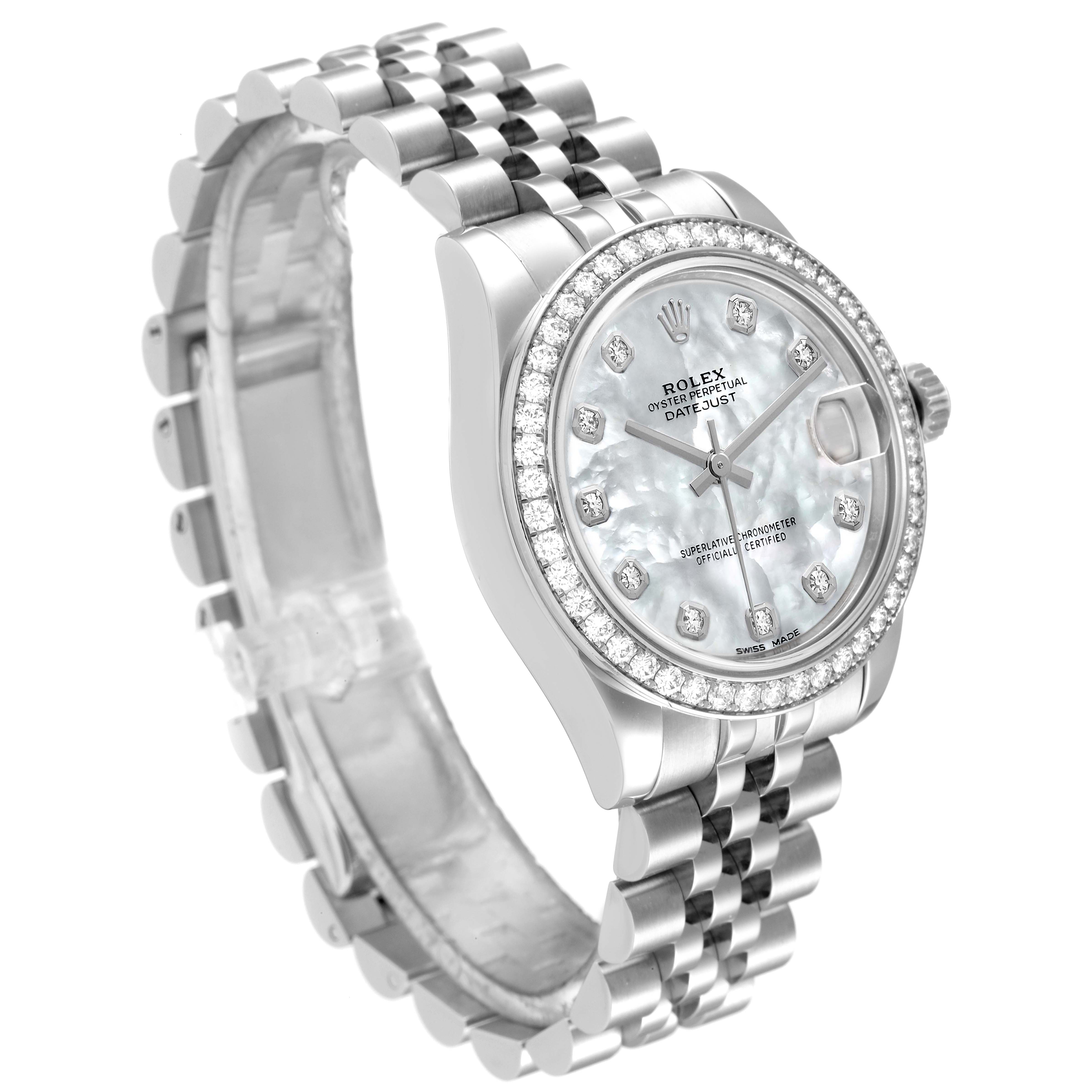 The image shows a three-quarter view of a mid-size Rolex Datejust, highlighting the face, bezel, and bracelet.