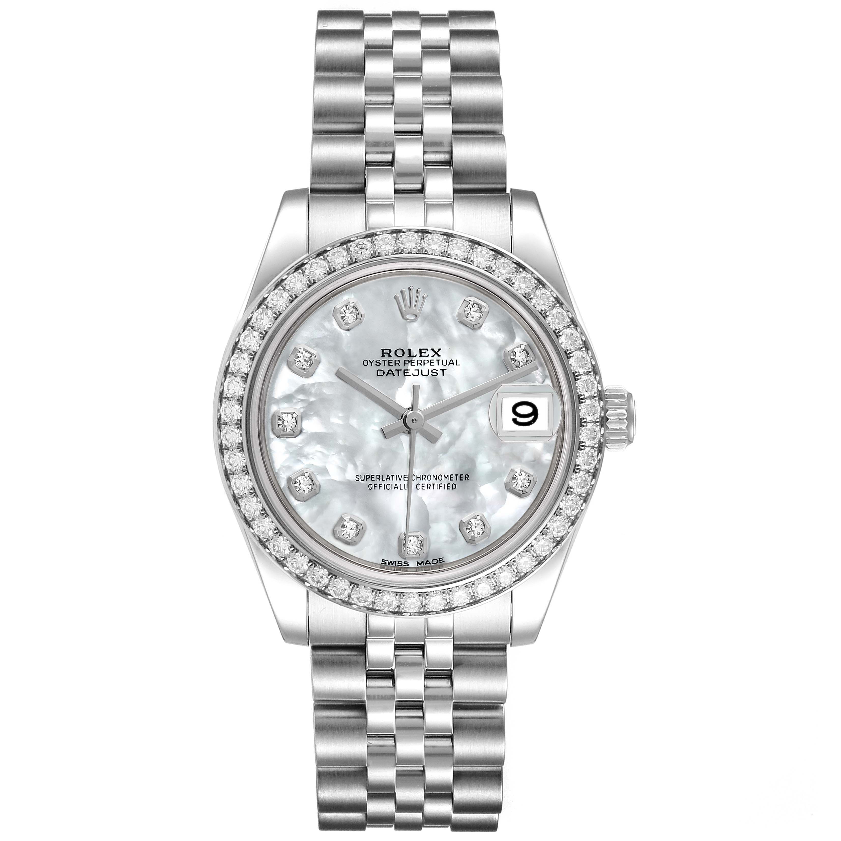 The image shows a front view of a Rolex Mid-Size 178384 Women
s Stainless Steel Mother of Pearl Dial 178384 Women
s Stainless Steel Mother of Pearl Dial Datejust watch, featuring a Jubilee bracelet, diamond bezel, and mother-of-pearl dial.