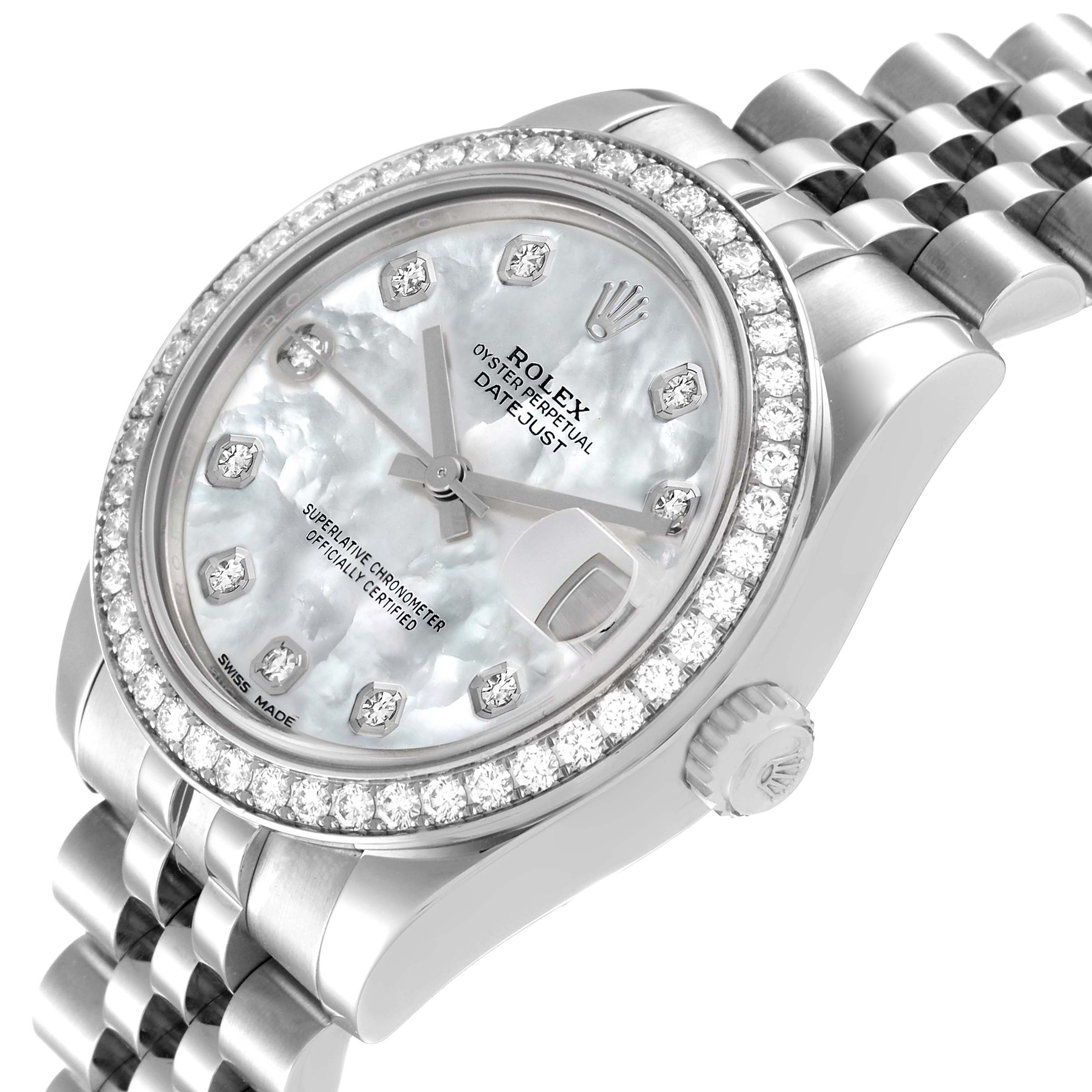 This image shows a Rolex Mid-Size 178384 Women
s Stainless Steel Mother of Pearl Dial 178384 Women
s Stainless Steel Mother of Pearl Dial Oyster Perpetual Datejust watch from an angled view, highlighting its bezel, dial, and bracelet.