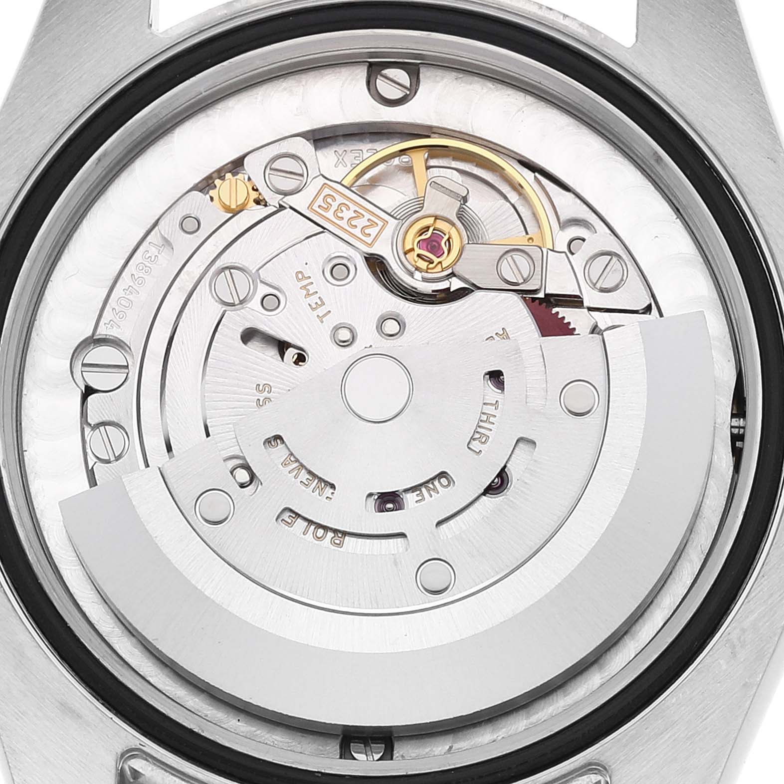 This image shows the movement mechanism of a Rolex Mid-Size 178384 Women
s Stainless Steel Mother of Pearl Dial 178384 Women
s Stainless Steel Mother of Pearl Dial watch from a back angle view.