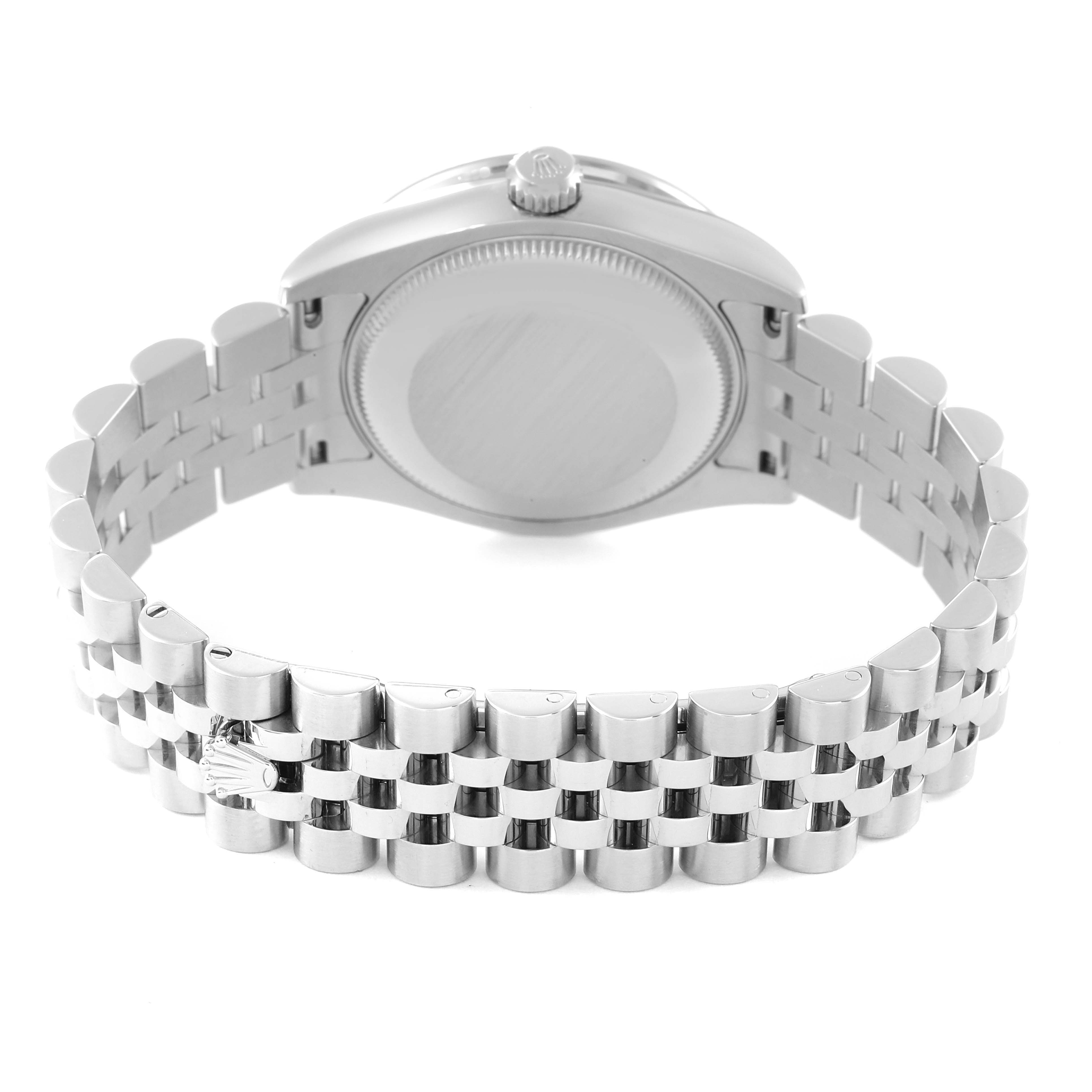 The image shows the back case and bracelet of a Mid-Size Rolex watch.