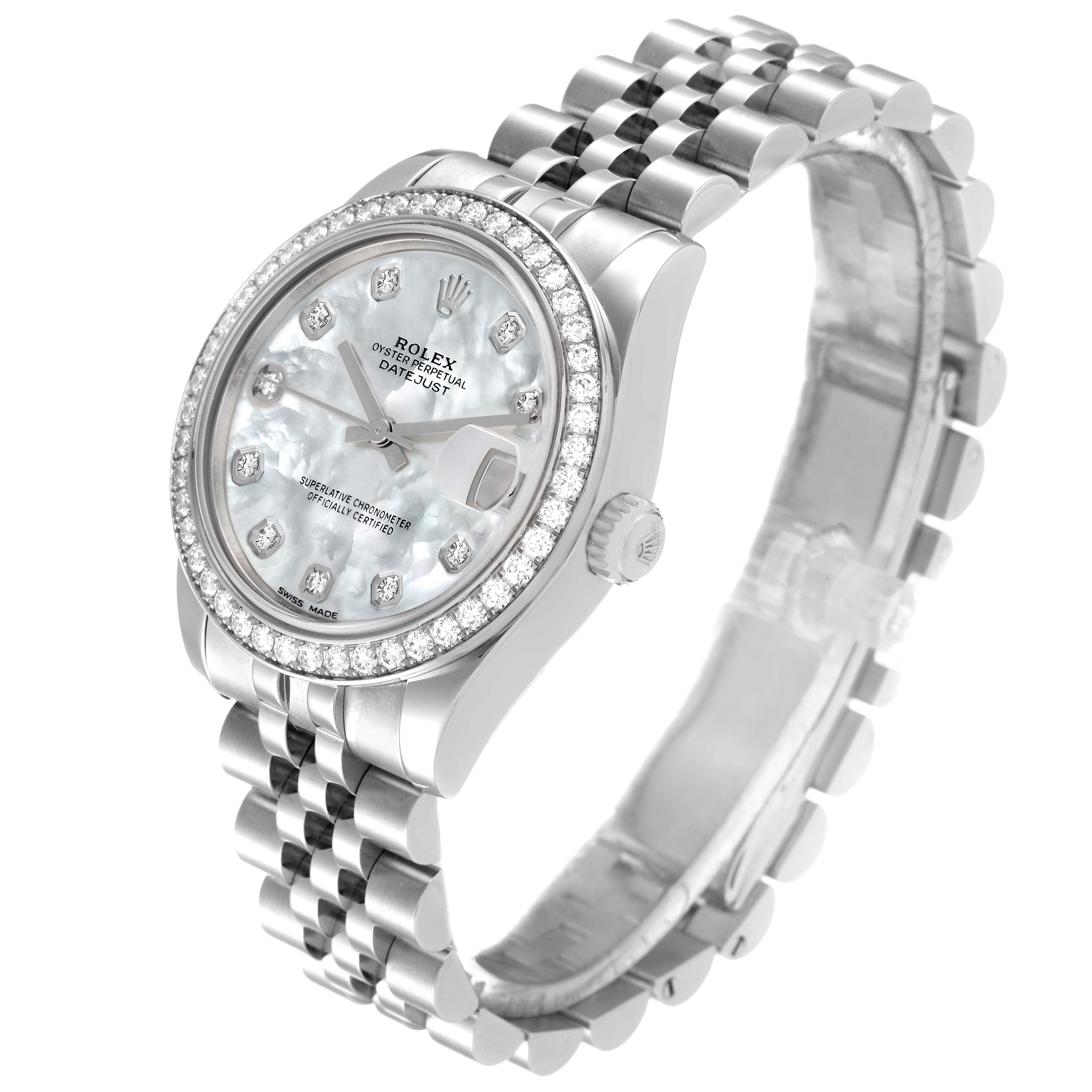 This image displays a Rolex Datejust Mid-Size watch angled to show the face, bezel, and part of the bracelet.