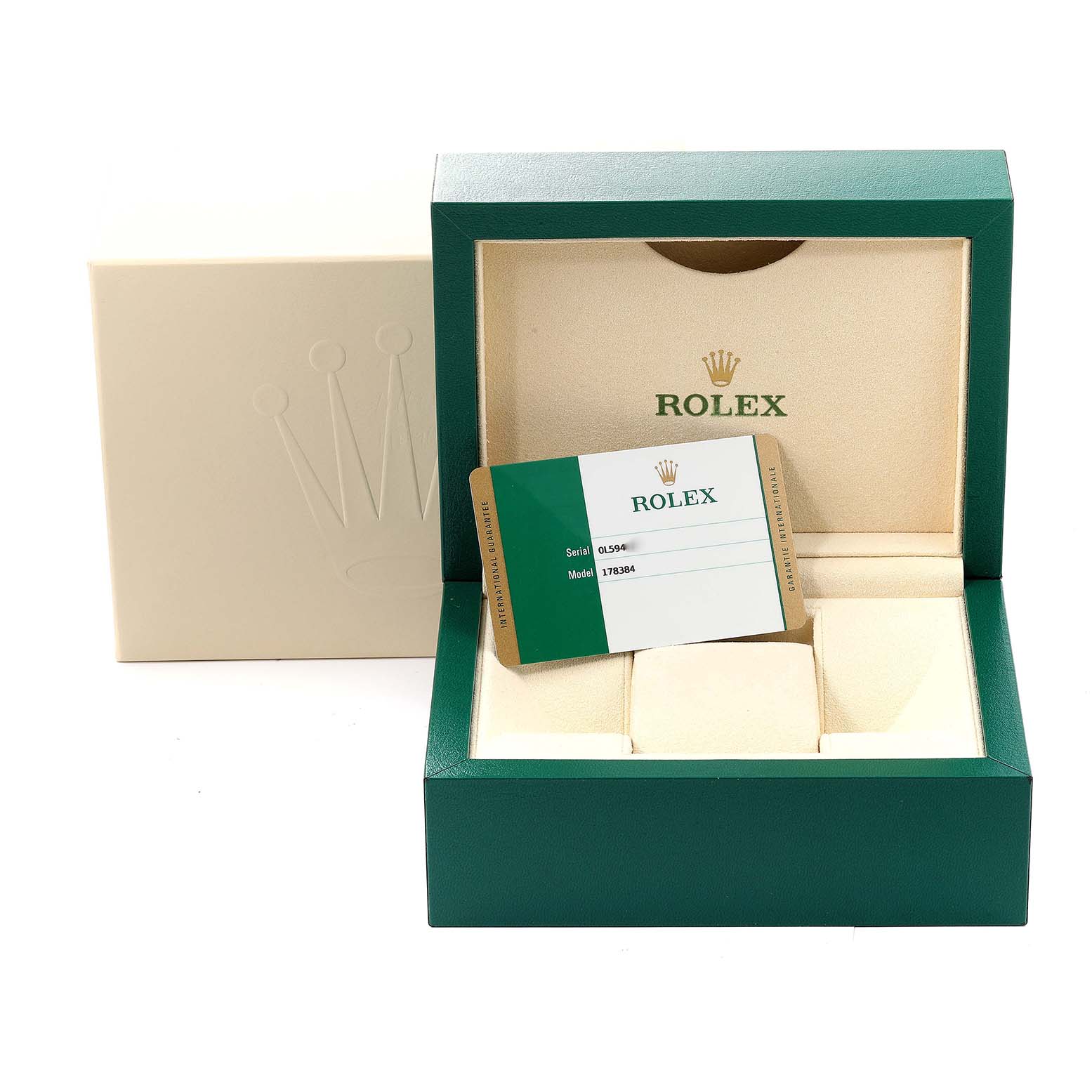 This image shows a Rolex Mid-Size 178384 Women
s Stainless Steel Mother of Pearl Dial 178384 Women
s Stainless Steel Mother of Pearl Dial model box and Best Quality
ity card, presented at a frontal angle.