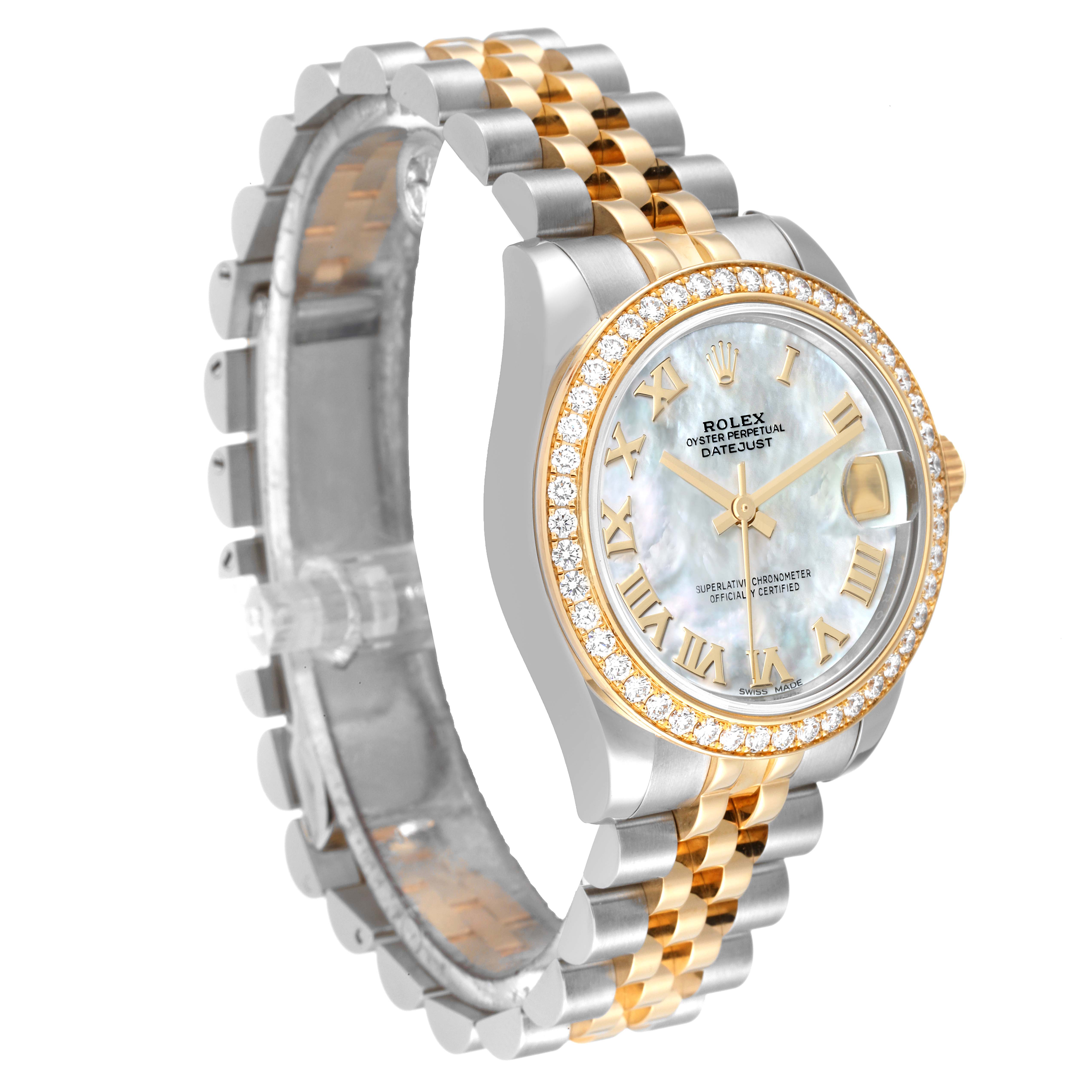 The image shows a three-quarter view of a Rolex Mid-Size 178383 Women's Steel and Gold (two tone) Mother of Pearl Dial 178383 Women's Steel and Gold (two tone) Mother of Pearl Dial Datejust watch, highlighting its face, bezel, case, and bracelet.