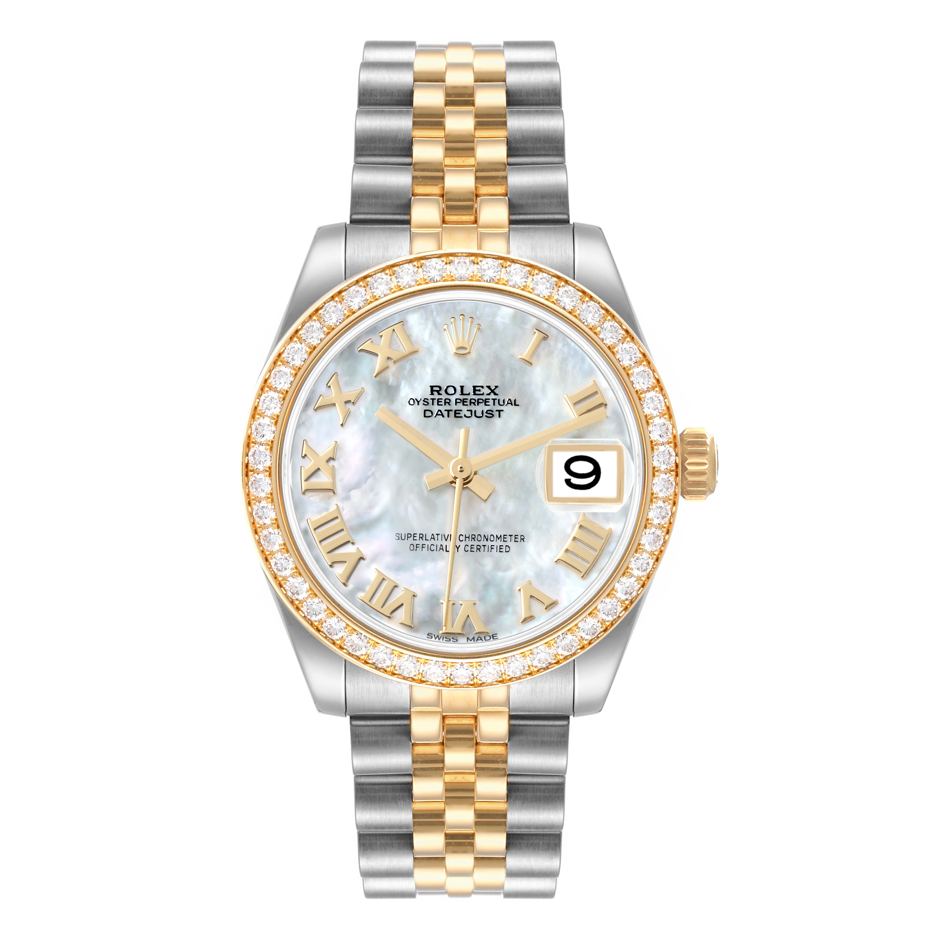 This Rolex Datejust Mid-Size watch is shown from the front, displaying the dial, bezel, case, and band.