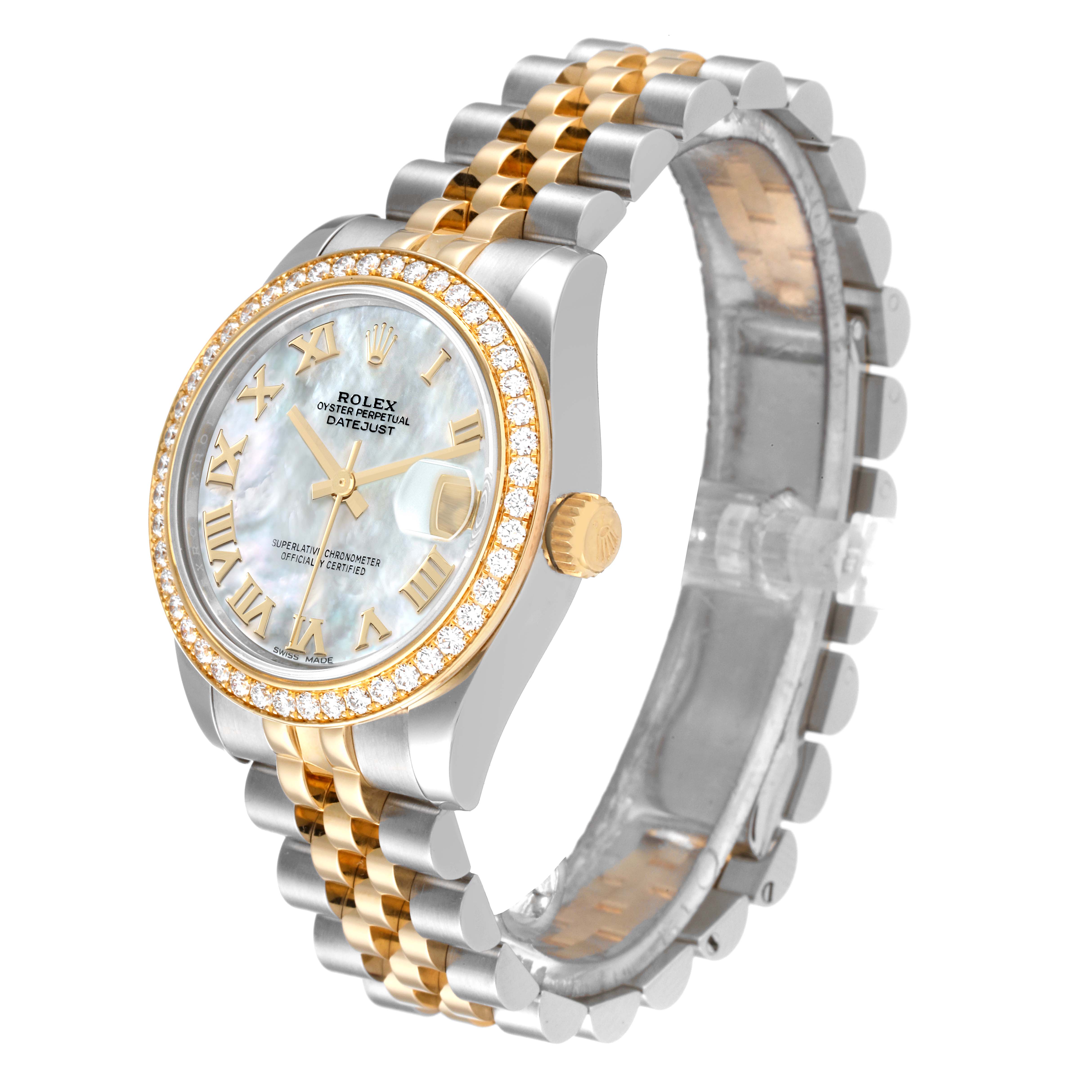The Rolex Mid-Size 178383 Women's Steel and Gold (two tone) Mother of Pearl Dial 178383 Women's Steel and Gold (two tone) Mother of Pearl Dial Oyster Perpetual Datejust is shown at a slight angle, displaying its face, bezel, crown, and two-tone bracelet.