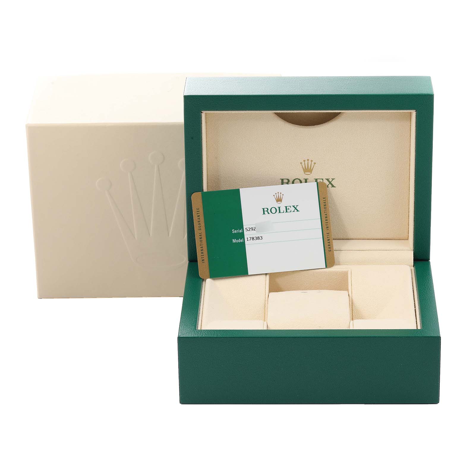 The image shows a Rolex box with a warranty card for the Mid-Size model, with serial number and model number visible.