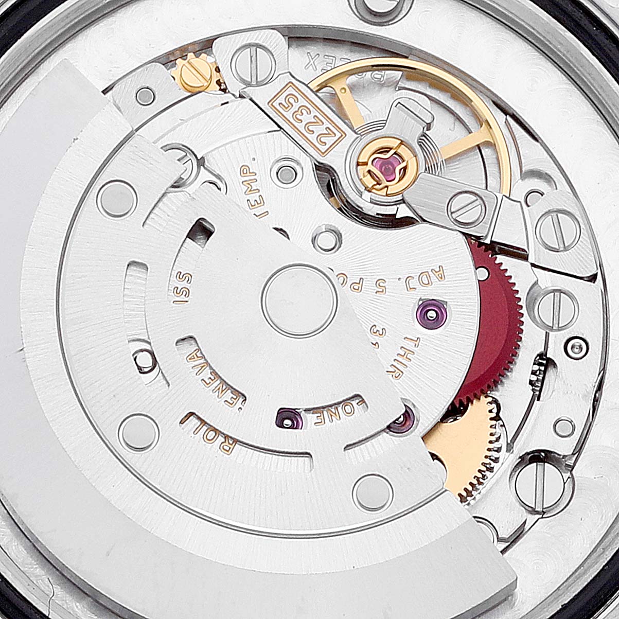 This image shows the internal movement mechanism of a Rolex Mid-Size 178383 Women's Steel and Gold (two tone) Mother of Pearl Dial 178383 Women's Steel and Gold (two tone) Mother of Pearl Dial model watch, viewed from the back.