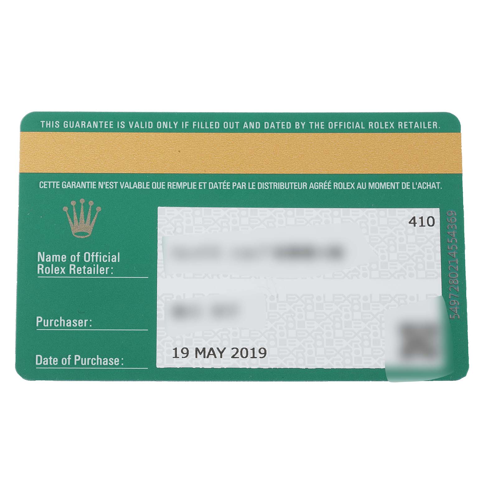 The image shows a warranty card for a Mid-Size Rolex model, with retailer information, purchase date, and blurred details.