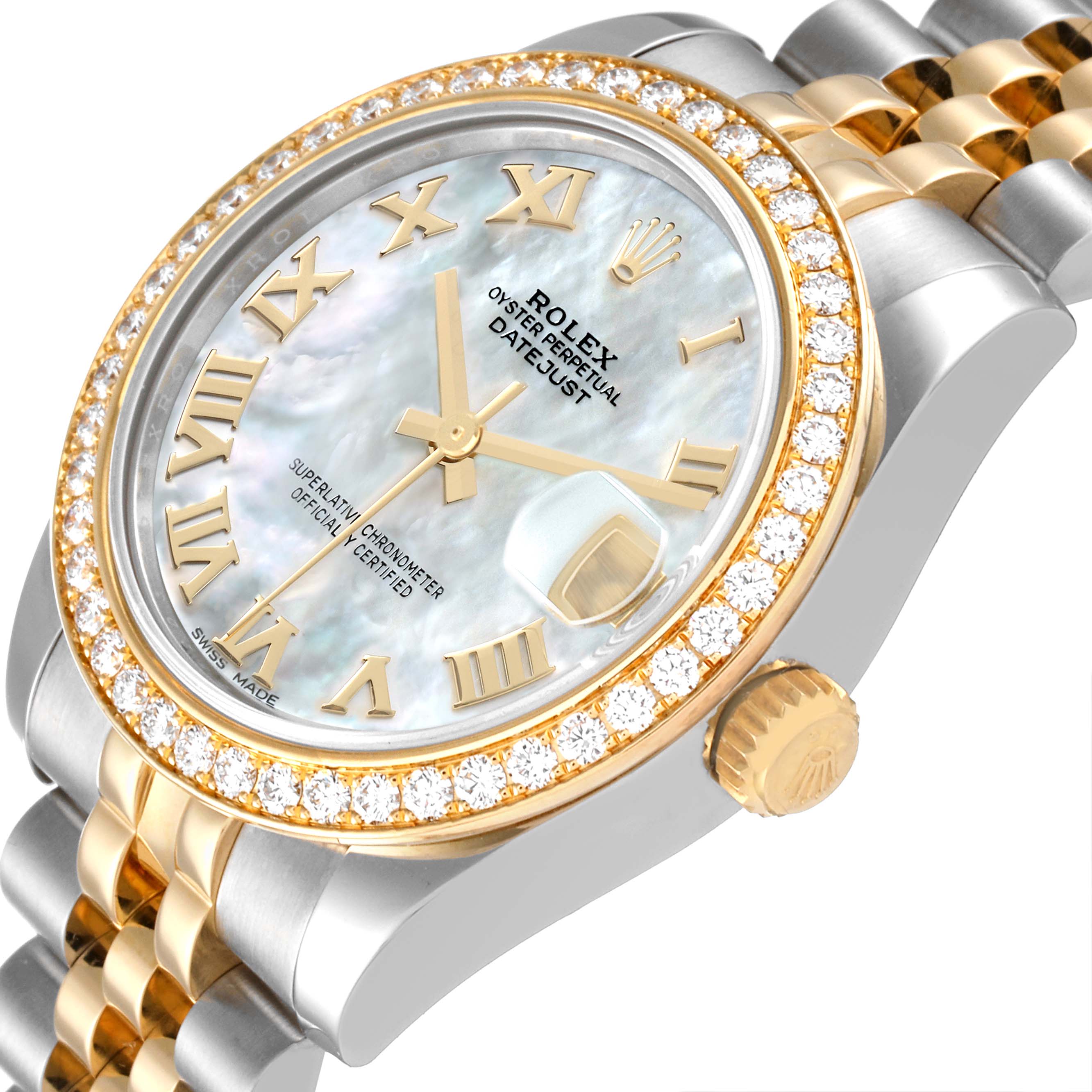 The image shows a close-up angle of the Rolex Mid-Size 178383 Women's Steel and Gold (two tone) Mother of Pearl Dial 178383 Women's Steel and Gold (two tone) Mother of Pearl Dial Datejust watch, highlighting its face, bezel, and part of the bracelet.