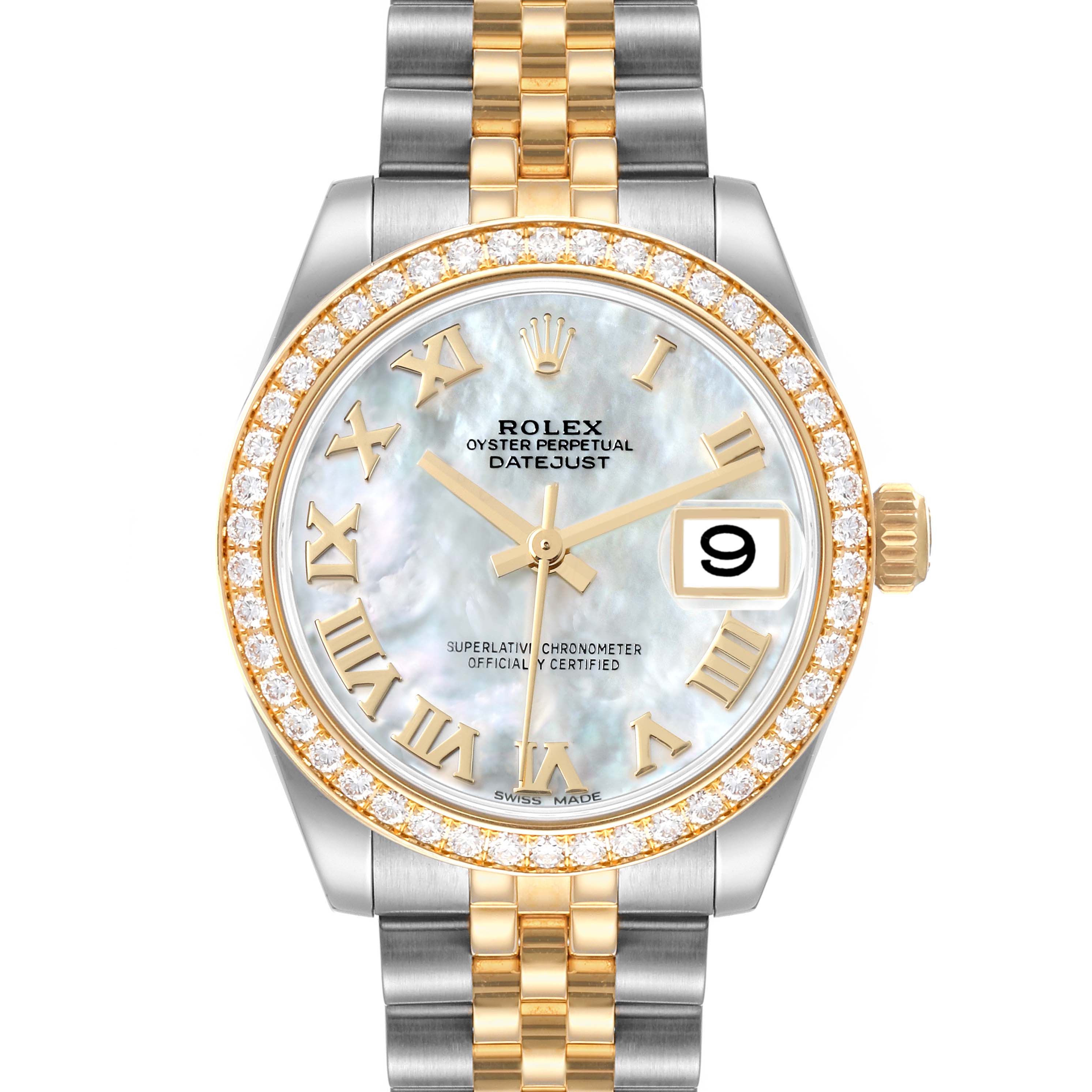 The image shows a front view of a Rolex Oyster Perpetual Datejust Mid-Size watch with a gold and silver band and diamond bezel.