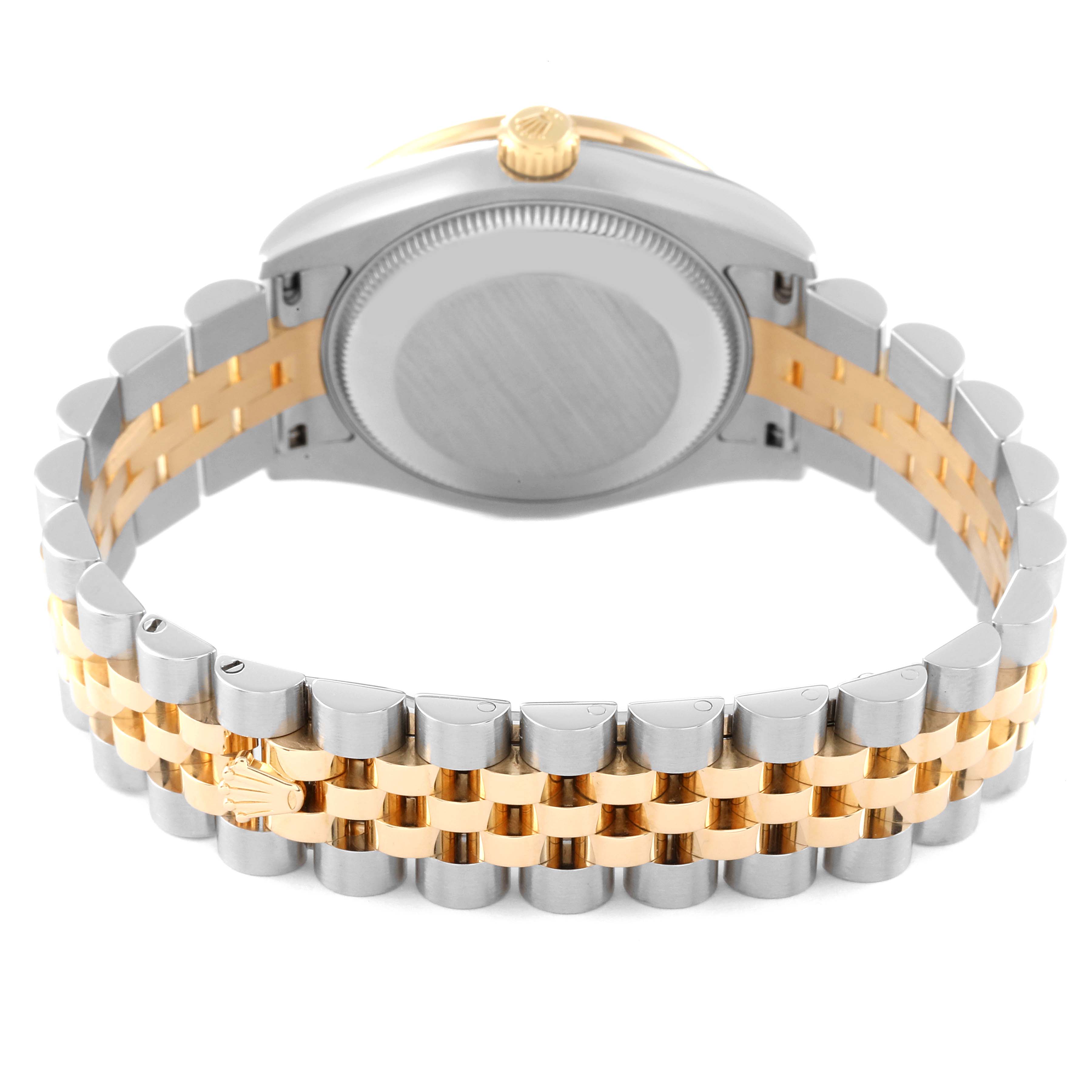 This image shows the back view of a Rolex Mid-Size 178383 Women's Steel and Gold (two tone) Mother of Pearl Dial 178383 Women's Steel and Gold (two tone) Mother of Pearl Dial watch, highlighting its two-tone bracelet and case back.