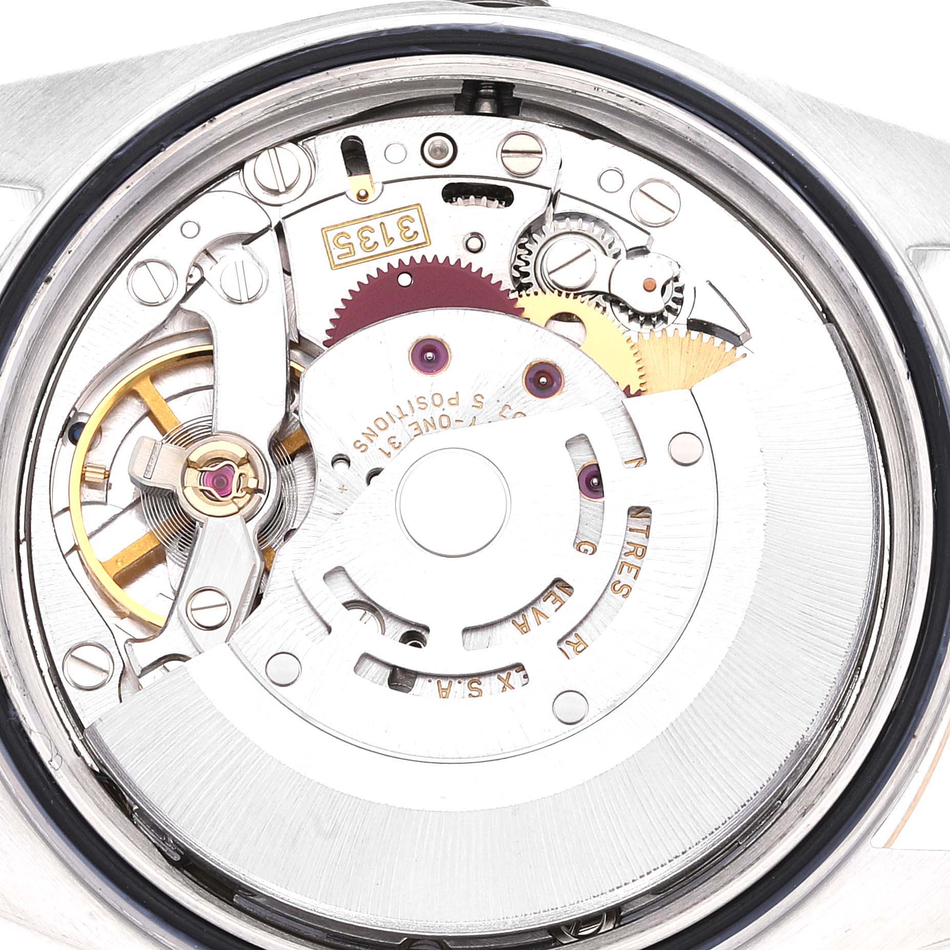 The image shows the inner mechanical movement of a Rolex Datejust 16233 Men's Steel and Gold (two tone) Champagne Dial 16233 Men's Steel and Gold (two tone) Champagne Dial watch from a rear angle with the back casing removed.